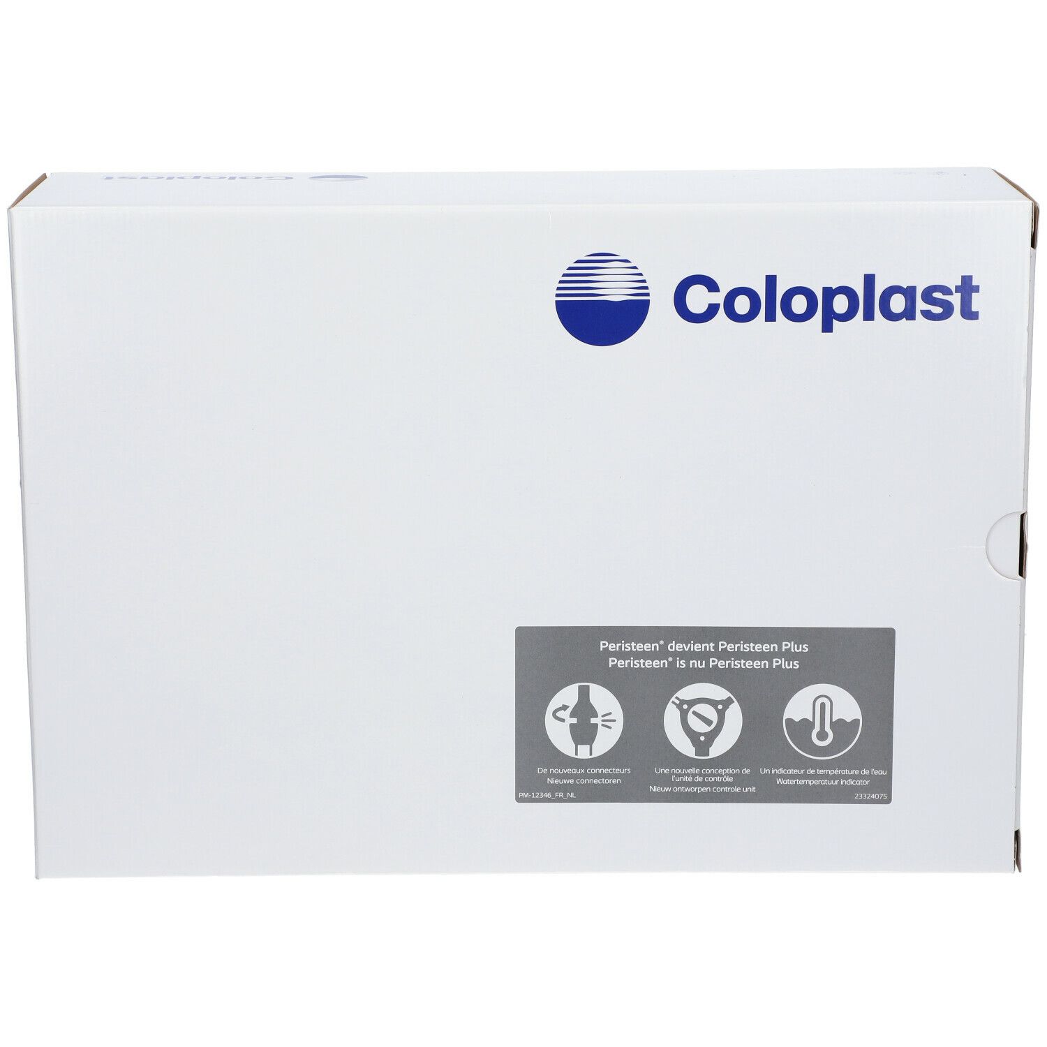 Emballage blanc Coloplast. Logo et nom de la marque Coloplast. Étiquette grise avec pictogrammes et texte: Peristeen Plus.