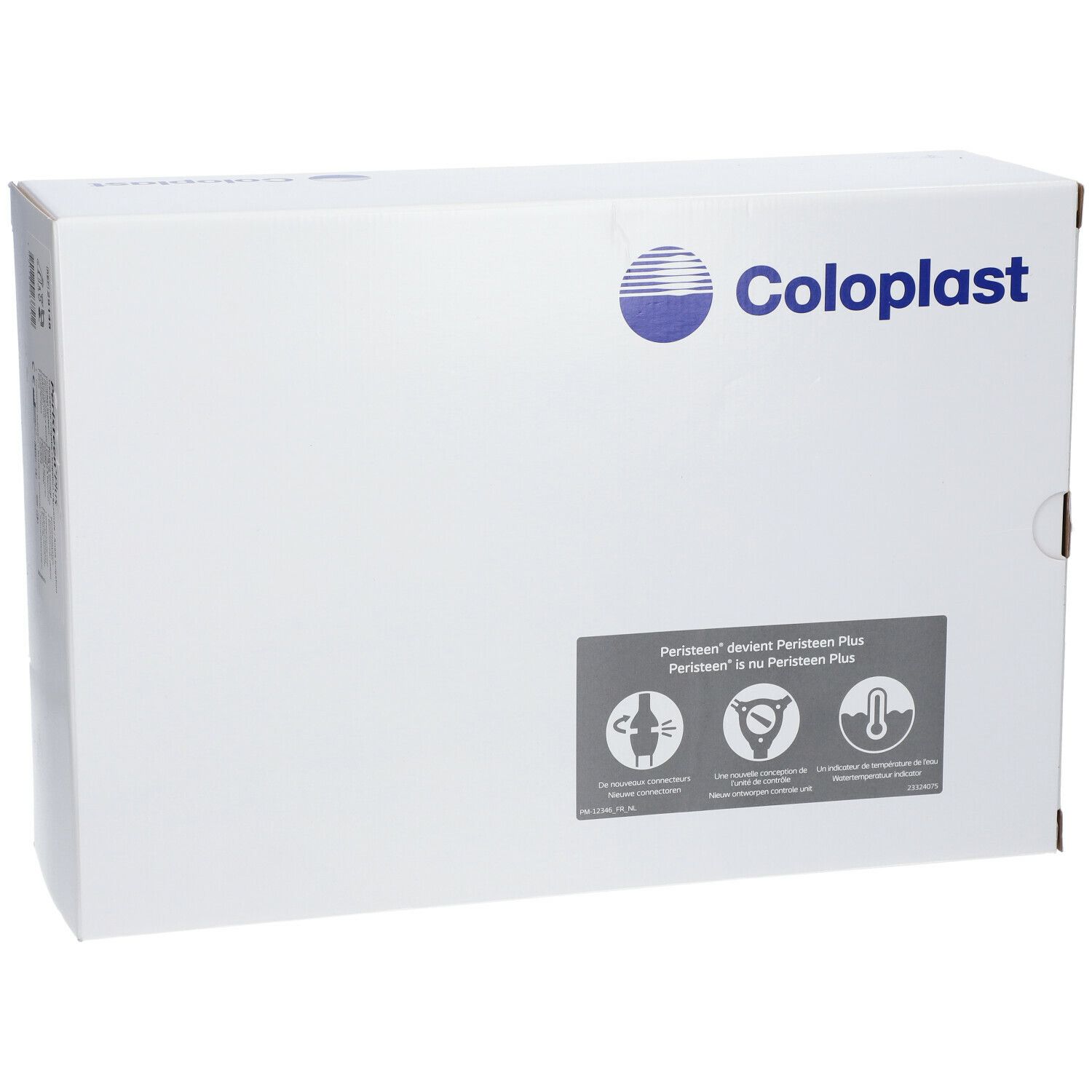 Emballage blanc Coloplast. Logo et nom de la marque Coloplast. Étiquette grise avec pictogrammes et texte: Peristeen Plus.