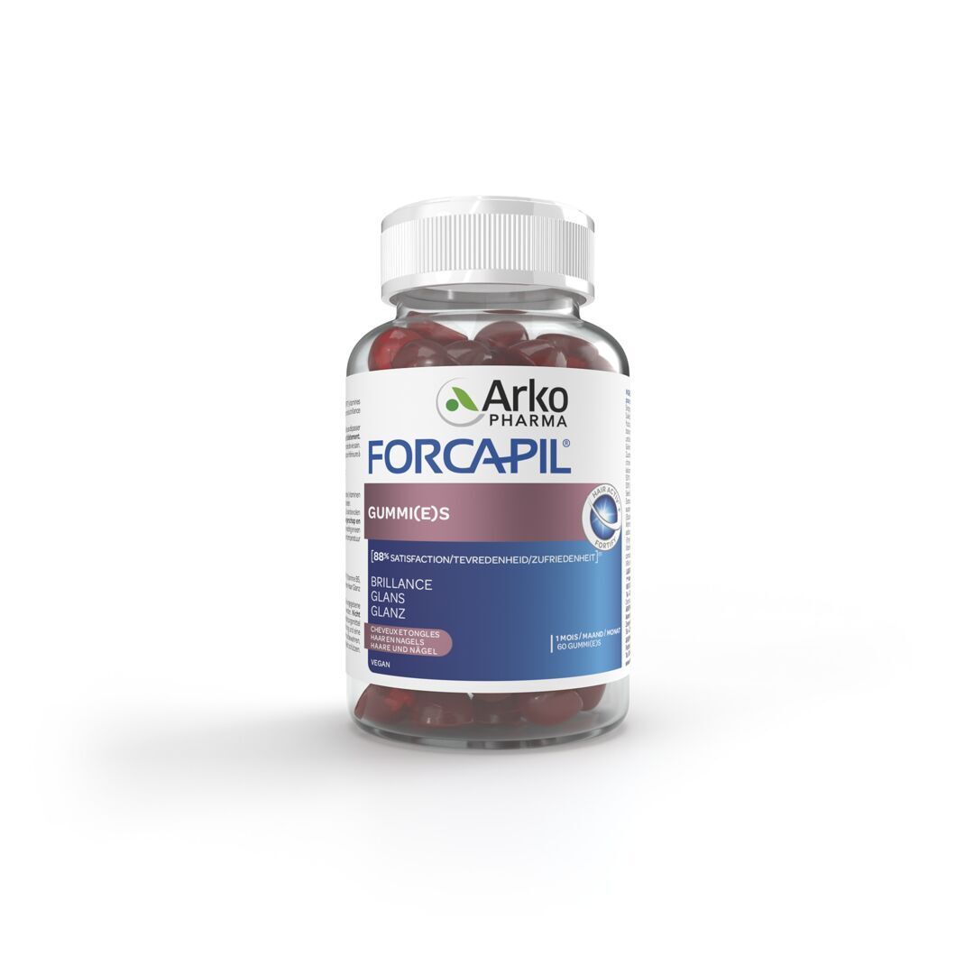 Arkopharma Forcapil Gummies. Flacon de gommes rouges. Inscriptions: Force, Beauté, Brillance, etc. Pour cheveux et ongles.