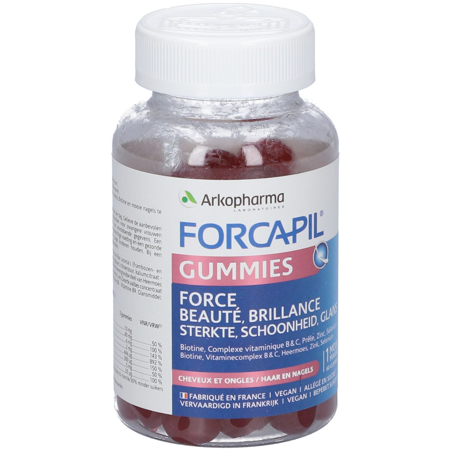 Arkopharma Forcapil Gummies. Flacon de gommes rouges. Inscriptions: Force, Beauté, Brillance, etc. Pour cheveux et ongles.