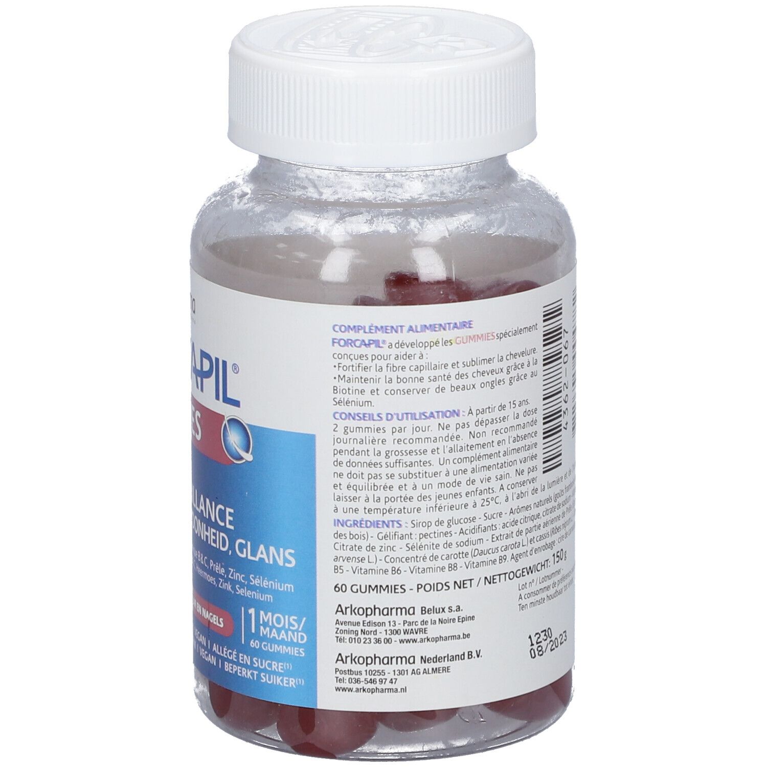 Dos du flacon Arkopharma Forcapil Gummies. Informations sur les ingrédients et la valeur nutritionnelle. Flacon de gommes rouges.