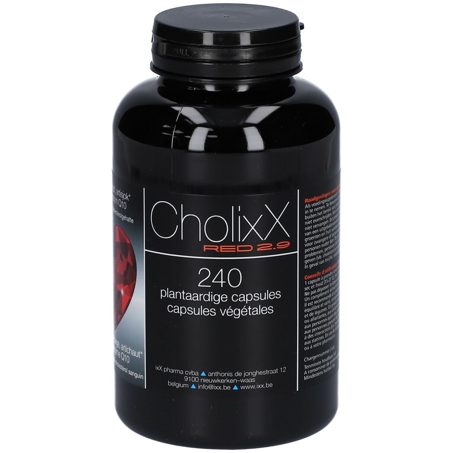 Zwarte fles CholixX Red 2.9, 240 plantaardige capsules. Rode achtergrond. Etiket met info.