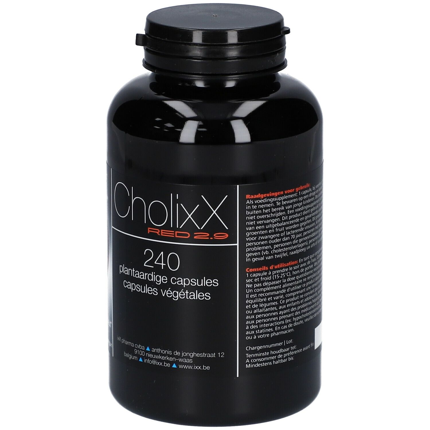 Zwarte fles CholixX Red 2.9, 240 plantaardige capsules. Rode achtergrond. Tekst op de zijkant.