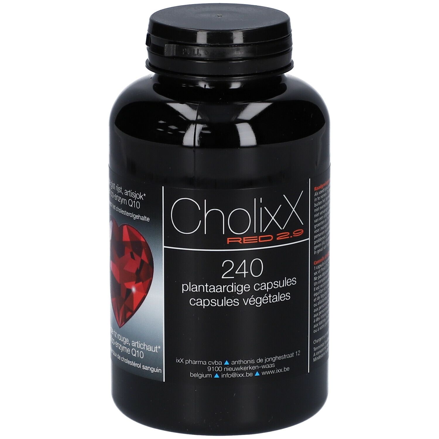 Zwarte fles CholixX Red 2.9, 240 plantaardige capsules. Rode hartvormige achtergrond.