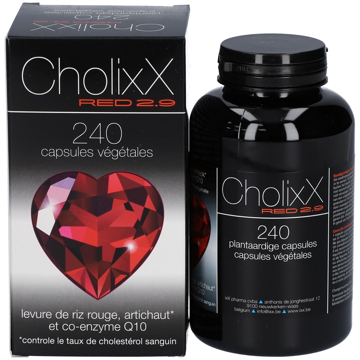 Zwarte fles en doos. CholixX Red 2.9, 240 capsules. Rood hart. Rode gist, artisjok, co-enzym Q10.