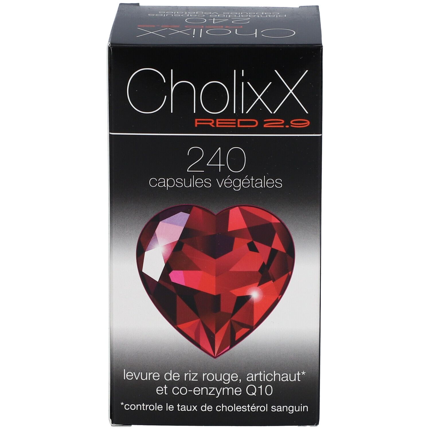 Zwarte doos. CholixX Red 2.9, 240 capsules. Rood hart. Rode gist, artisjok, co-enzym Q10.