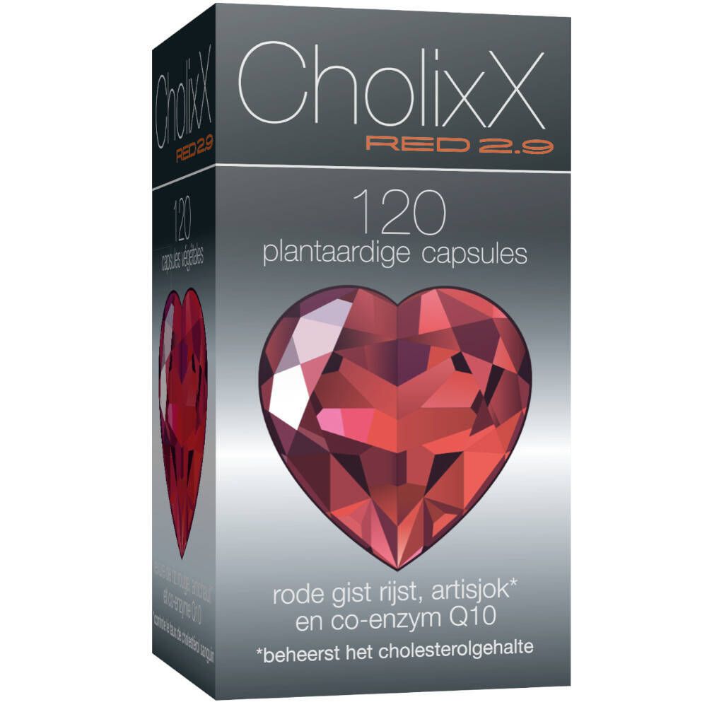 Doos CholixX Red 2.9, 120 capsules. Rood hart-ontwerp. Tekst: rode gist rijst, artisjok en co-enzym Q10.