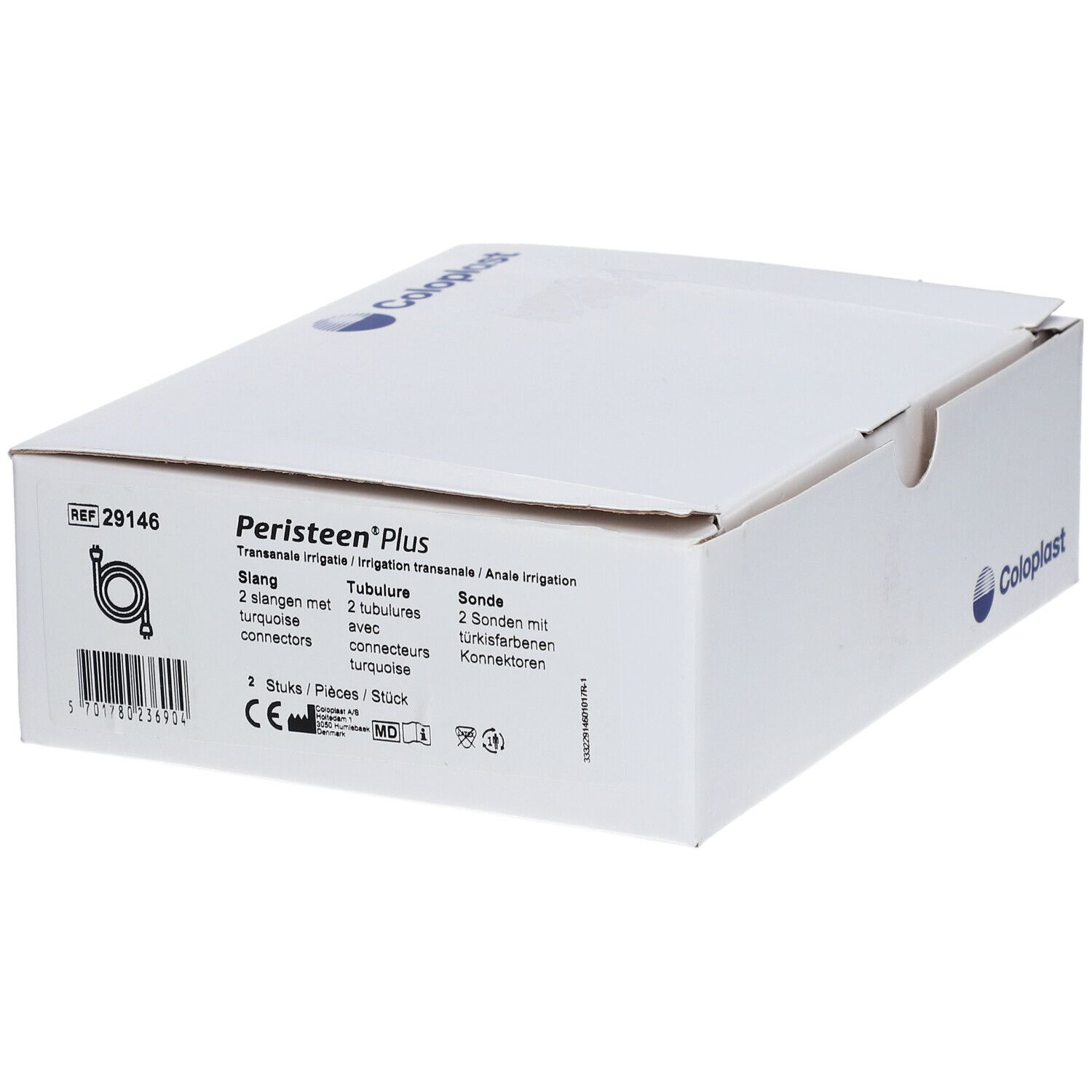 Boîte blanche avec informations produit. Inscription Peristeen Plus. Logo Coloplast. Contient tubes et sondes.