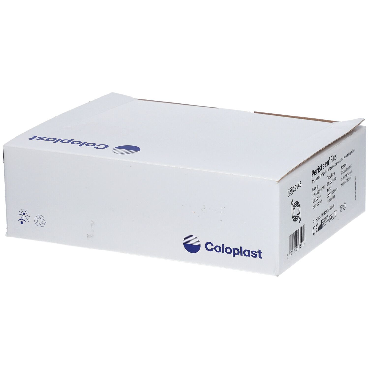 Boîte blanche avec informations produit. Inscription Peristeen Plus. Logo Coloplast. Contient 2 tubes et 2 sondes.