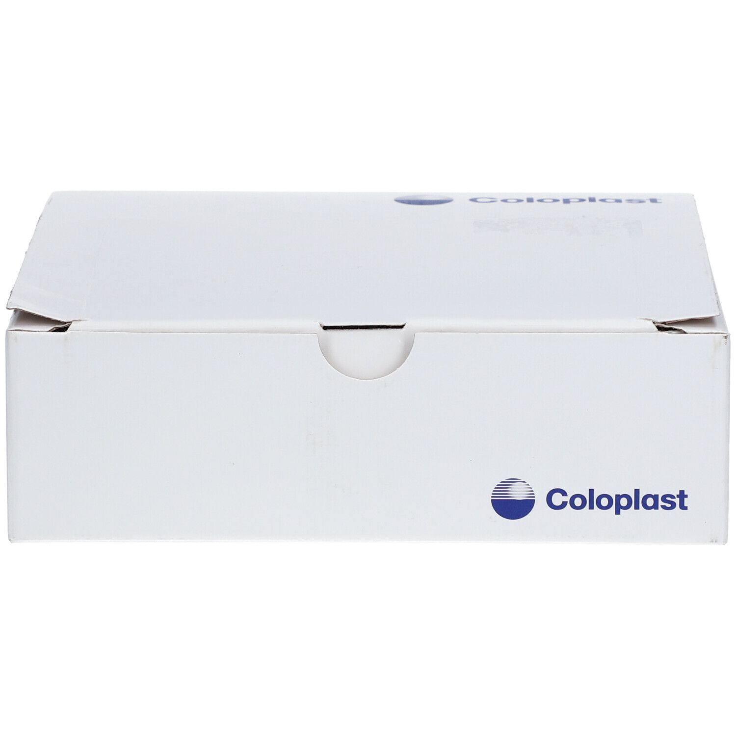 Boîte blanche avec logo Coloplast. Dessus avec ouverture. Impression Coloplast.
