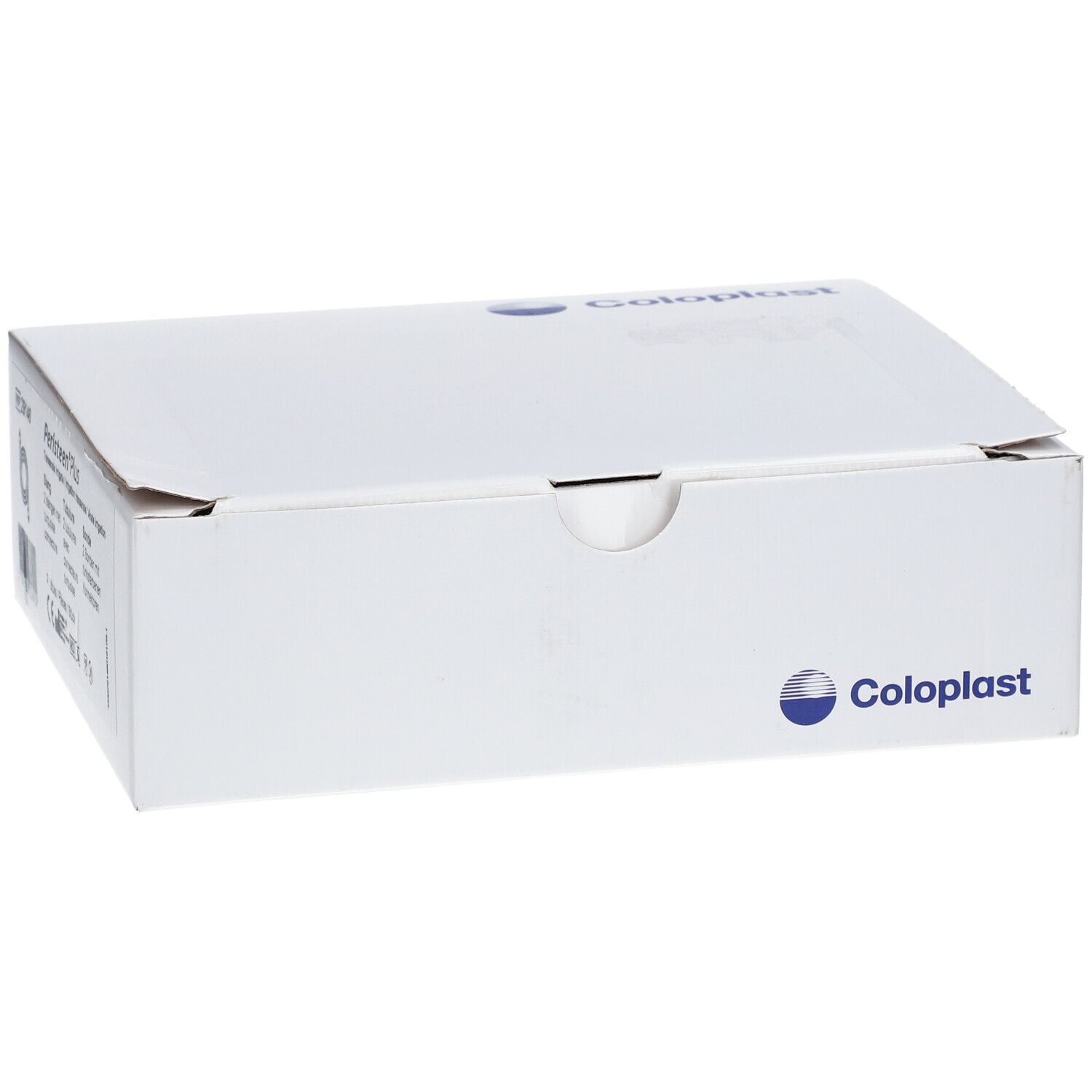 Boîte blanche avec logo Coloplast. Dessus avec ouverture. Impression Coloplast. Texte et code-barres.