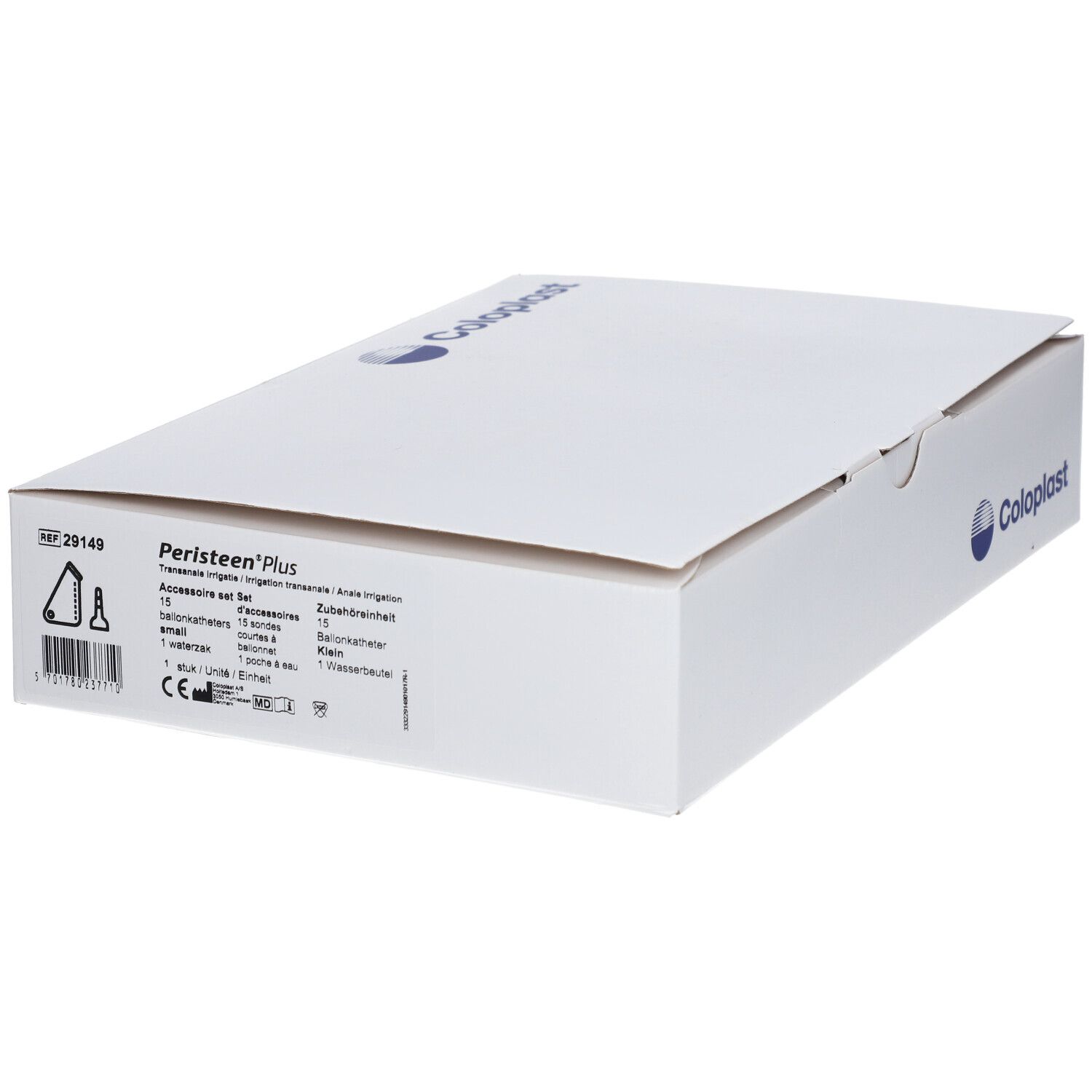 Boîte blanche avec logo Coloplast bleu et informations produit. Couvercle ouvert.