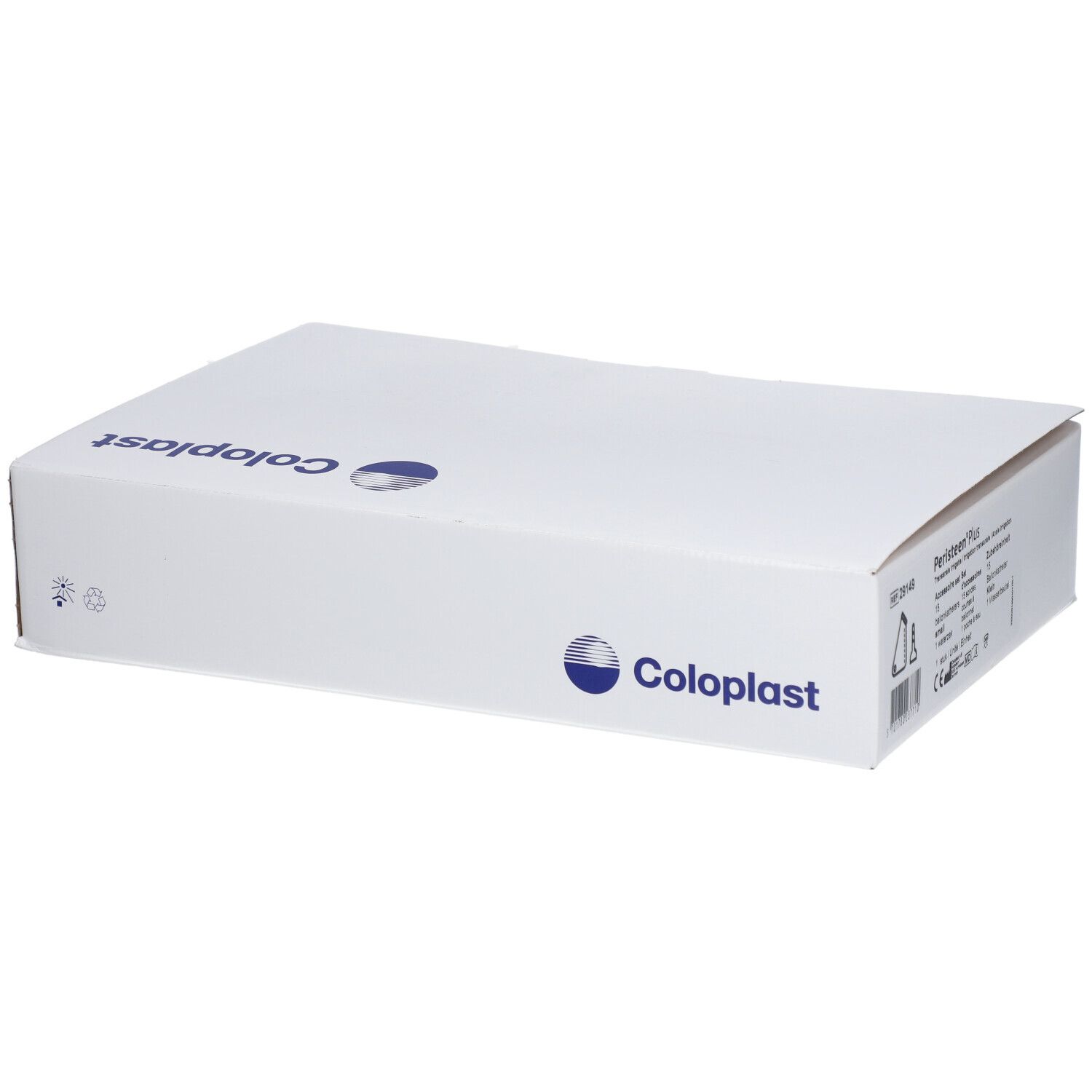 Boîte blanche avec logo Coloplast bleu. Couvercle légèrement ouvert, nom du produit visible.
