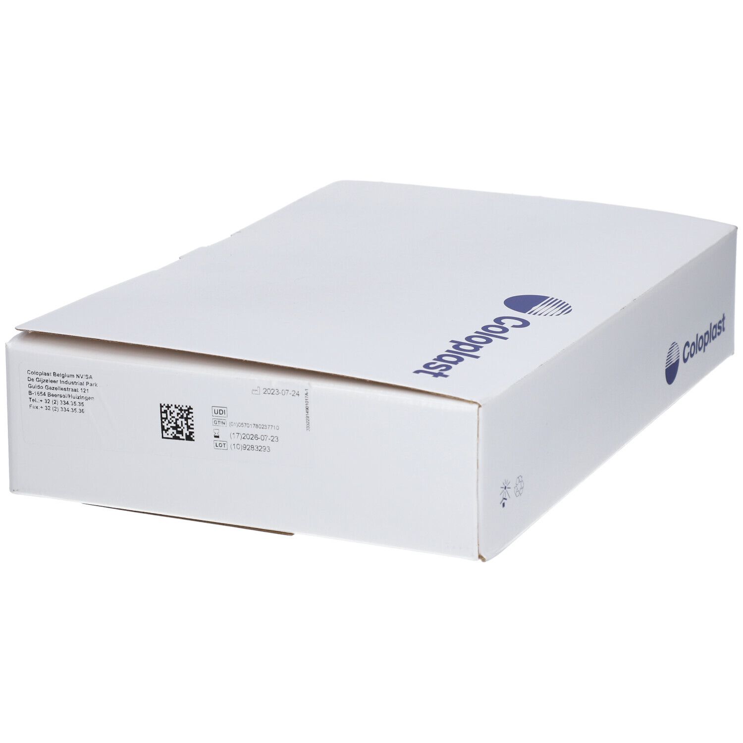 Boîte blanche avec logo Coloplast bleu et informations produit. Couvercle ouvert.