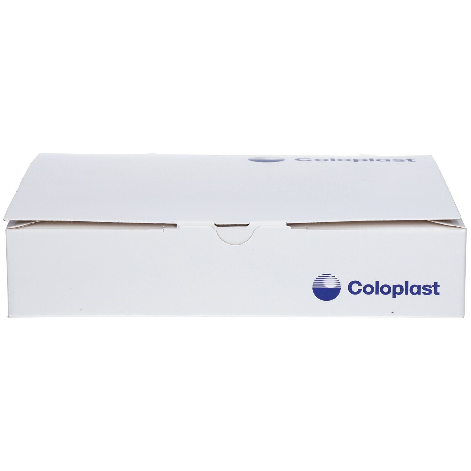 Boîte blanche avec logo Coloplast bleu. Couvercle fermé.