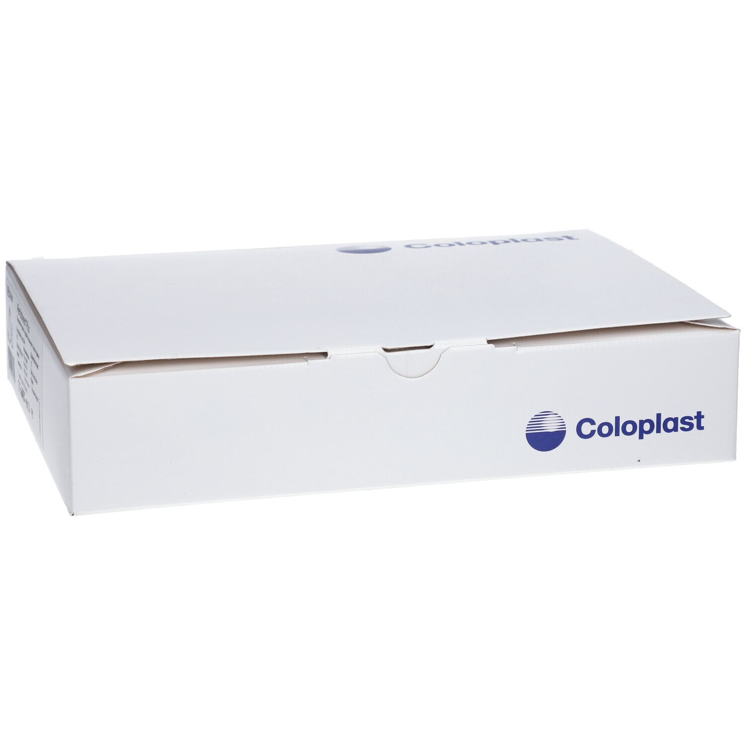 Boîte blanche avec logo Coloplast bleu. Couvercle fermé.