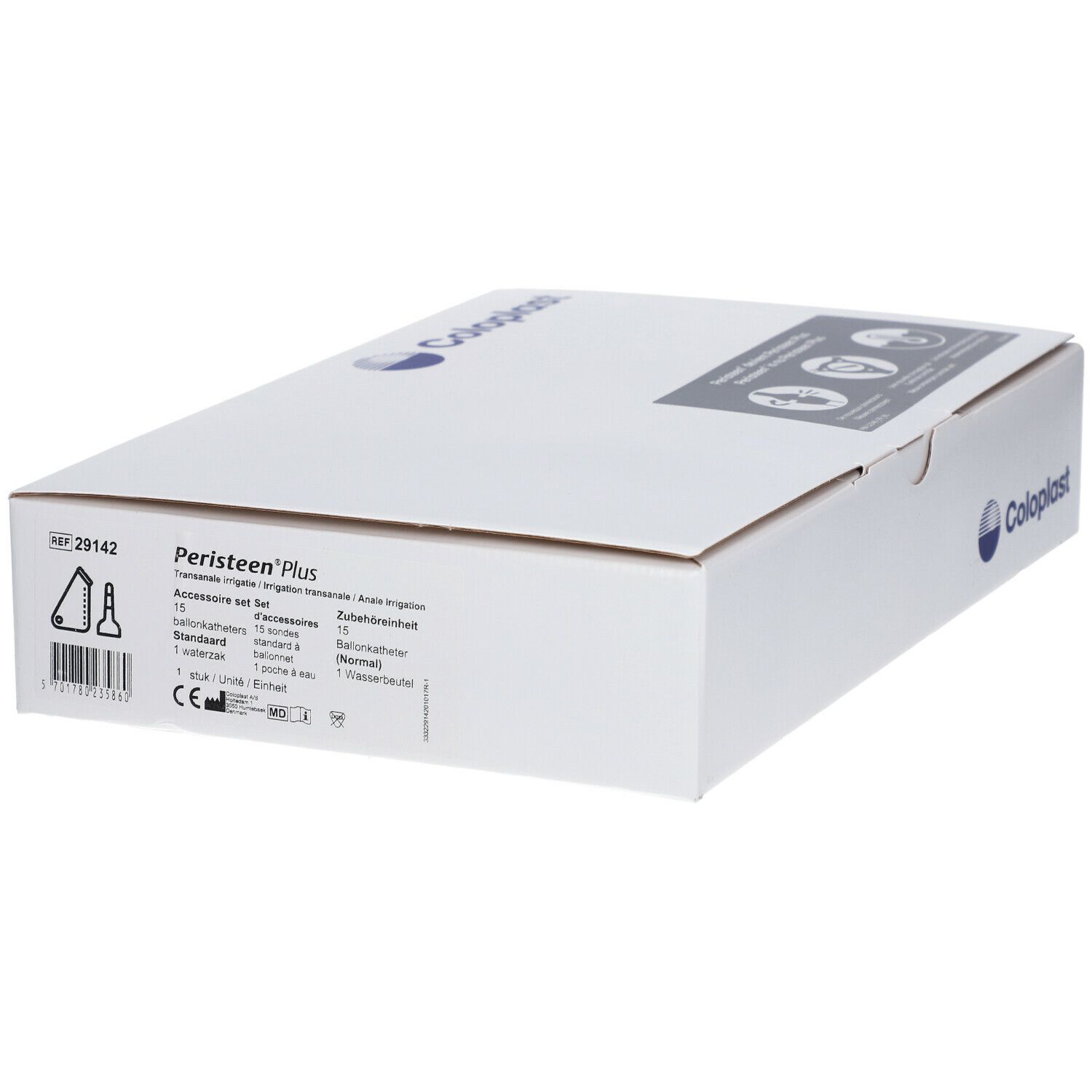 Witte kartonnen verpakking met productnaam Peristeen Plus. Bevat informatie en het Coloplast-logo.