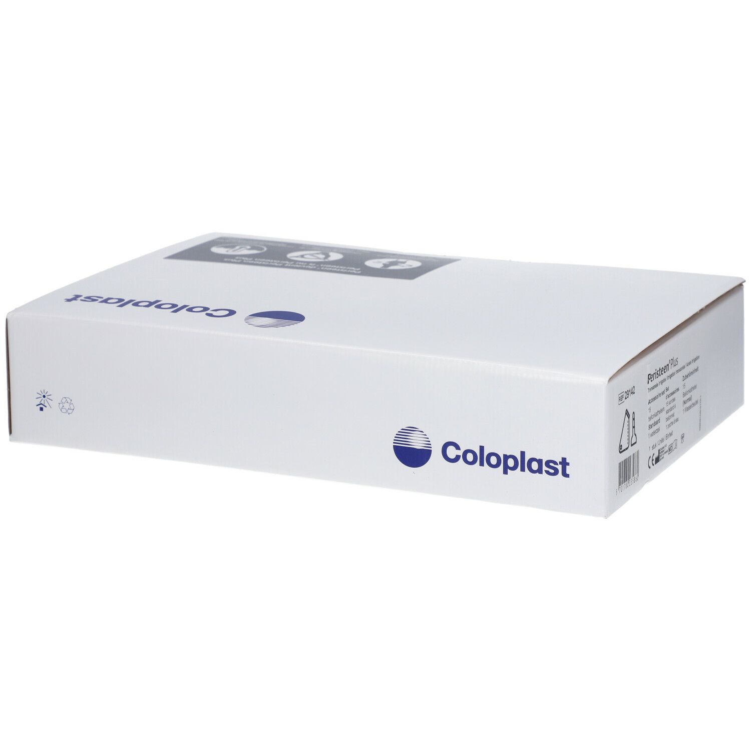 Witte kartonnen verpakking met Coloplast-logo en pictogrammen. Bevat productinformatie op de zijkant.