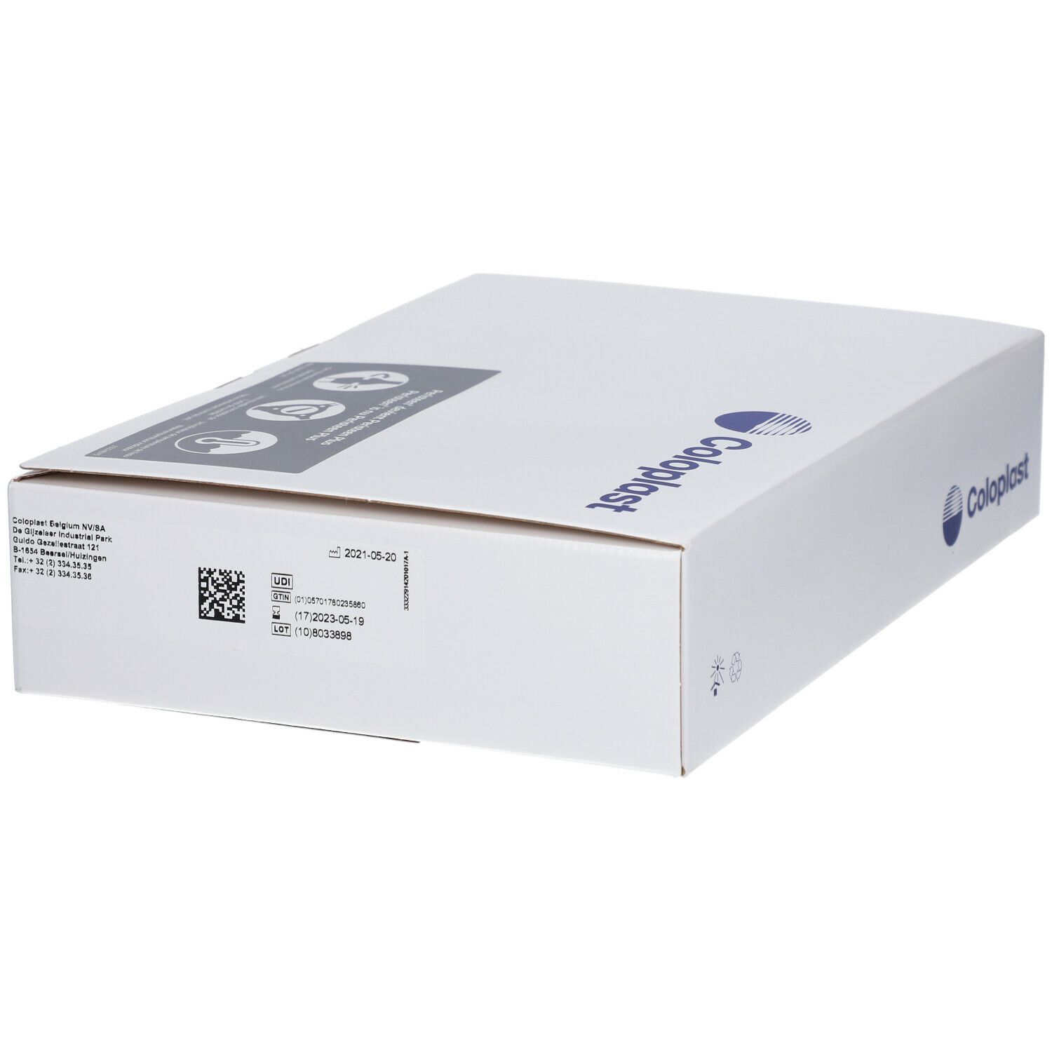 Witte kartonnen verpakking met Coloplast-logo en productinformatie. Bevat QR-code en batchnummer.