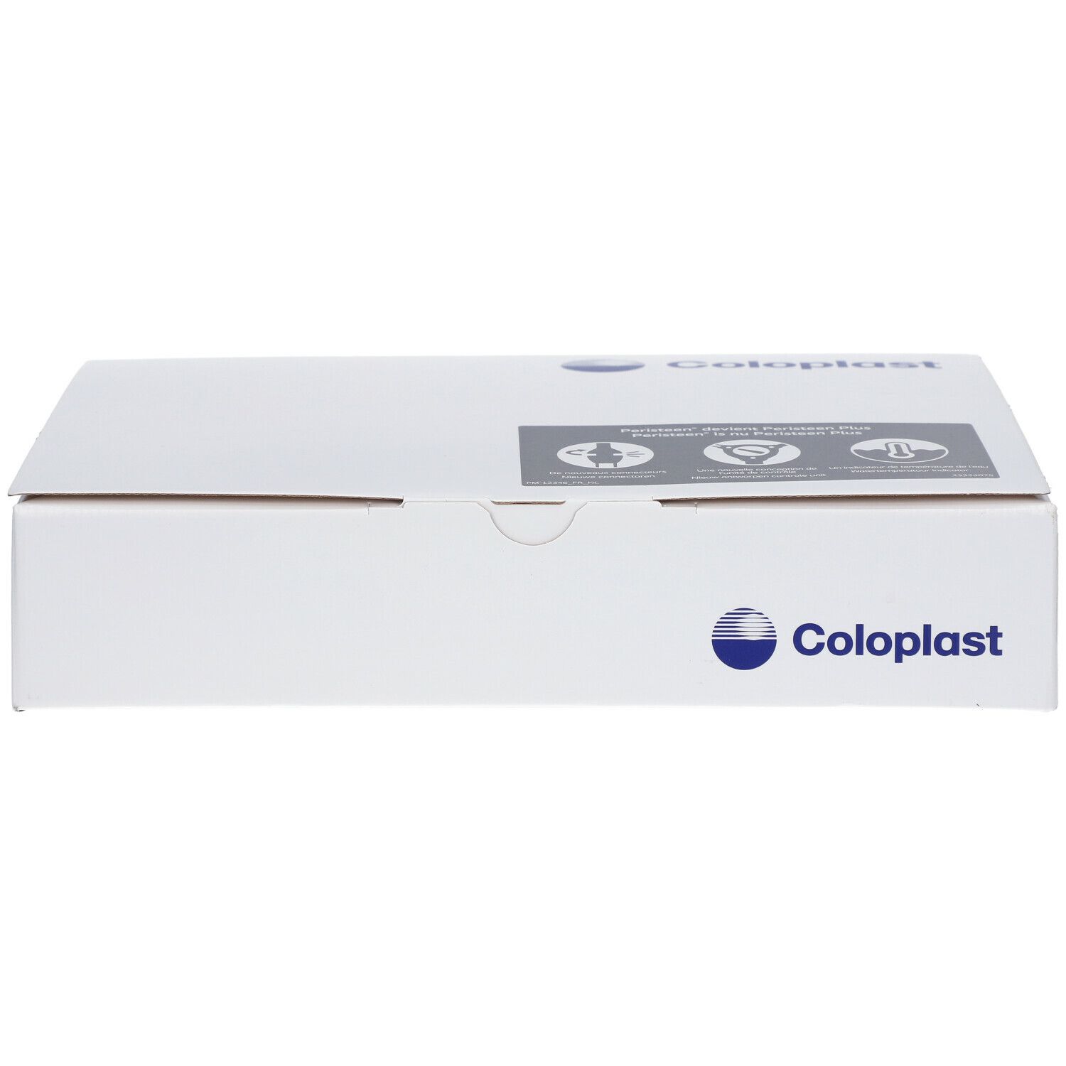 Witte kartonnen verpakking met Coloplast-logo en pictogrammen. Bovenkant met grijs vlak.