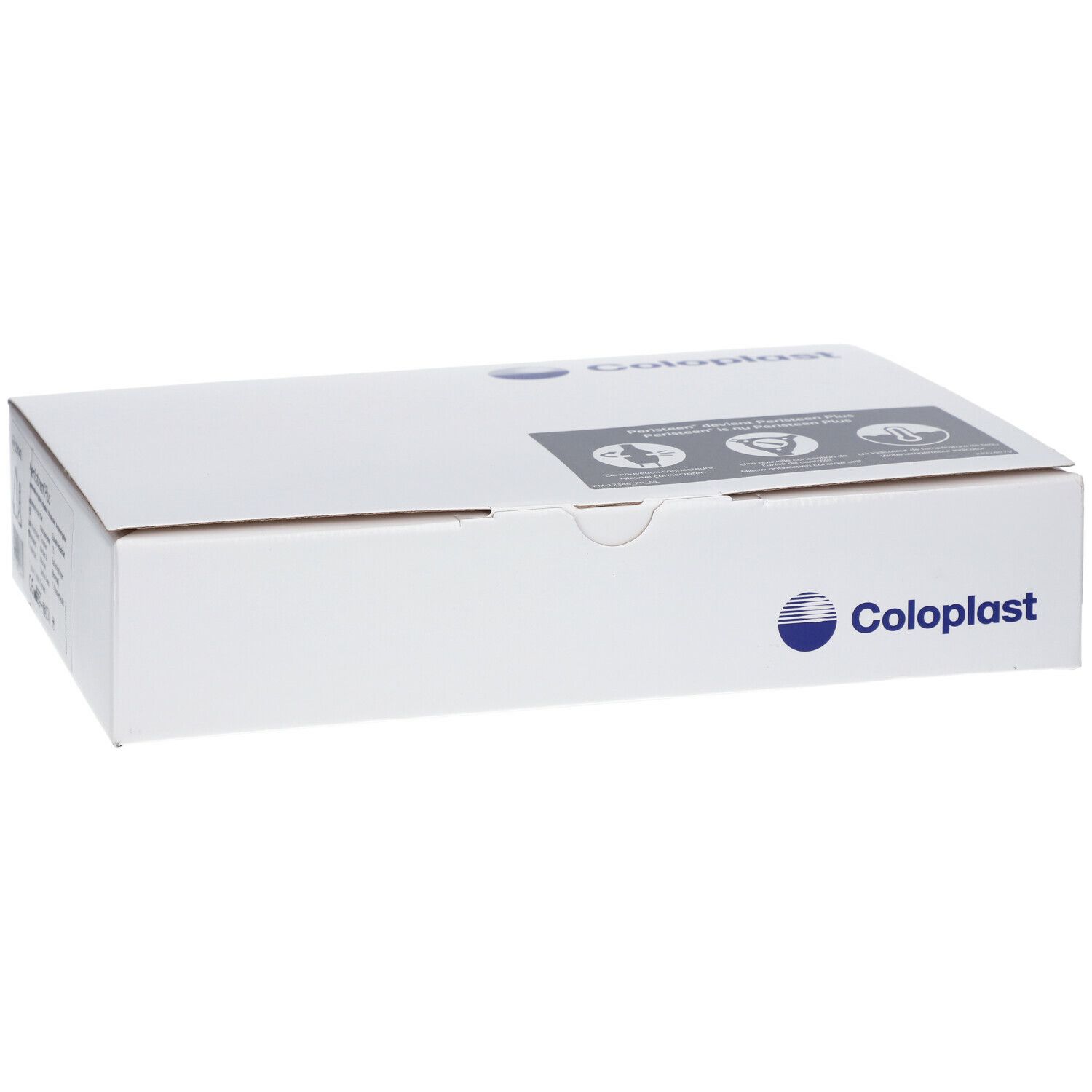 Witte kartonnen verpakking met Coloplast-logo en pictogrammen. Bevat productinformatie op de zijkant.