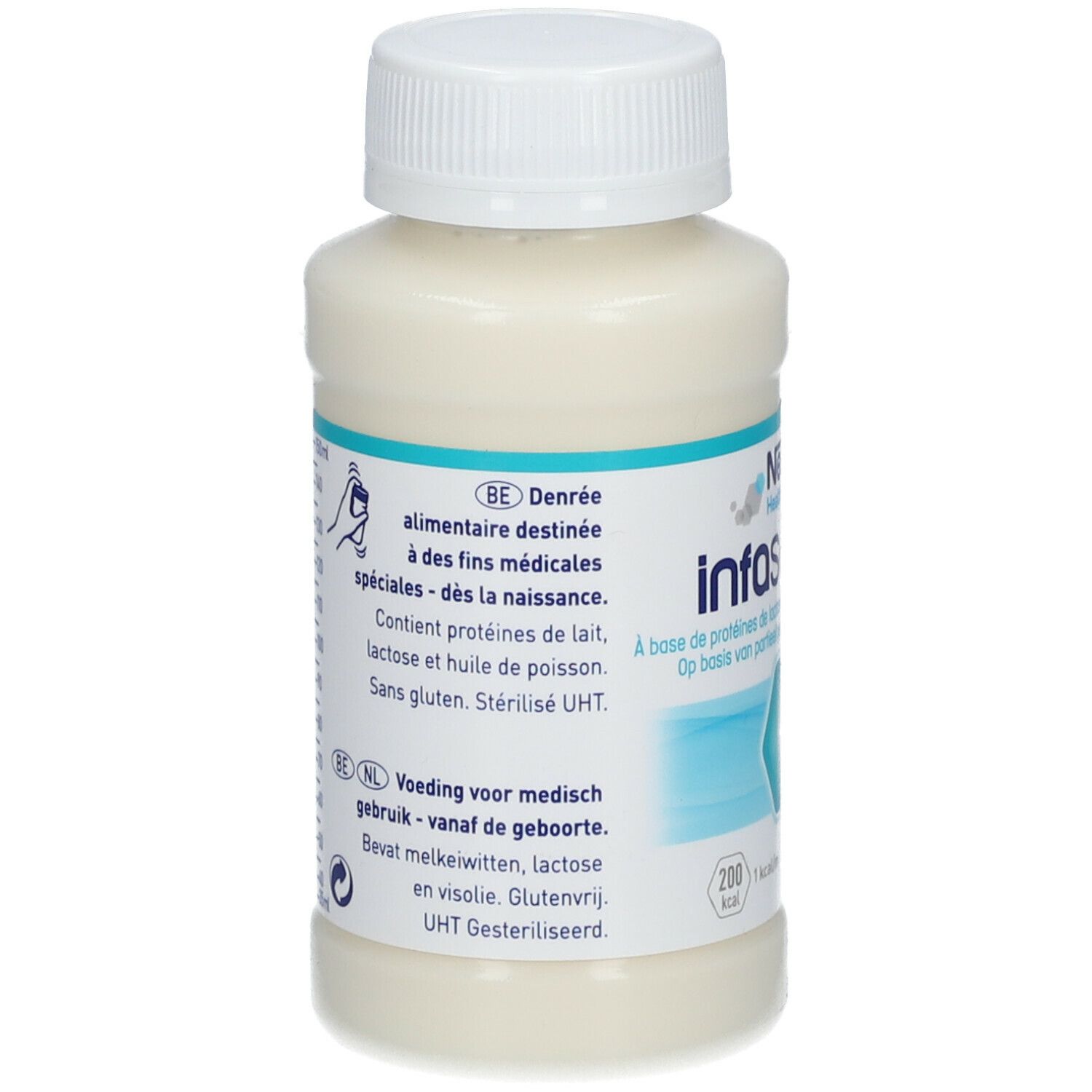 Bouteille Nestlé Infasource avec liquide blanc. Texte: À des fins médicales spéciales. Contient protéines de lait, lactose et huile de poisson. Sans gluten.