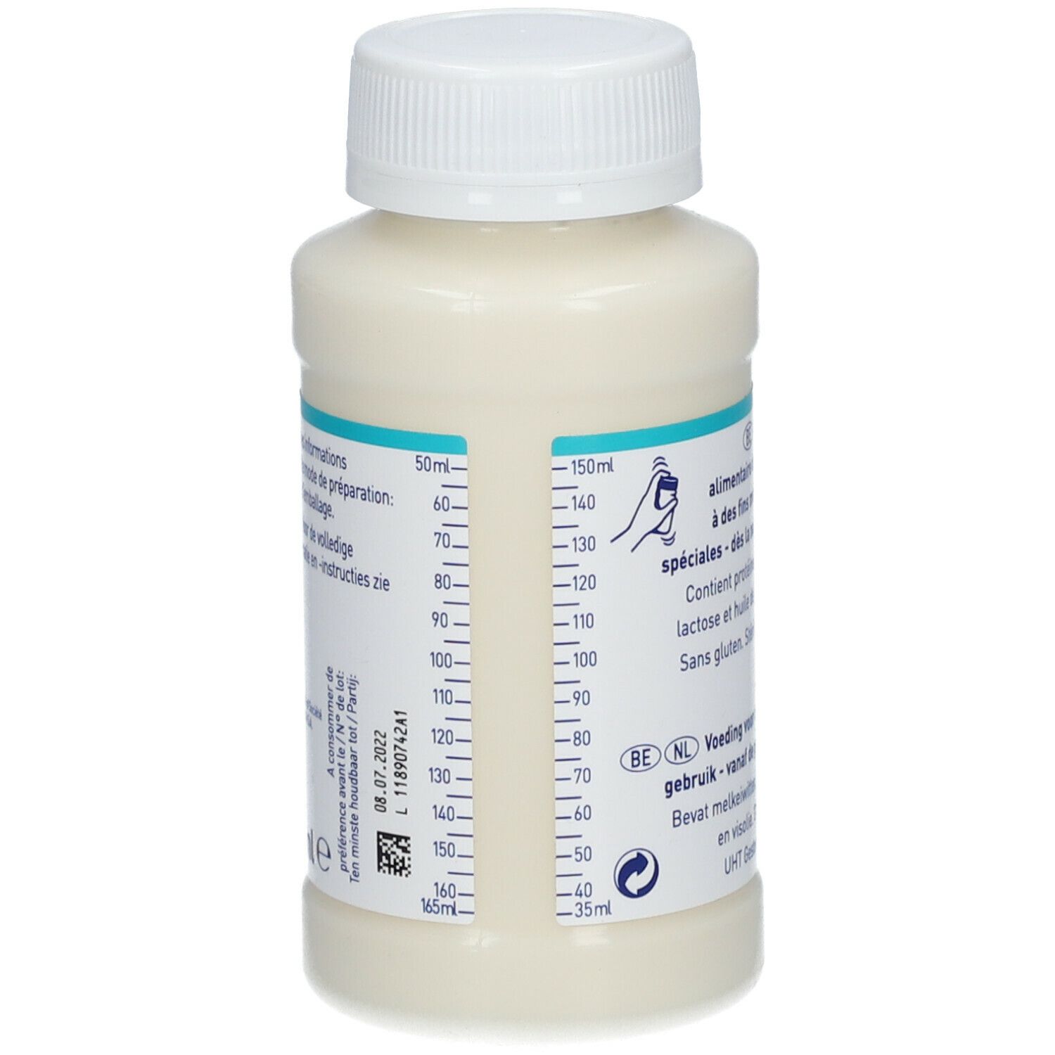 Bouteille Nestlé Infasource avec liquide blanc. Échelle de mesure. Texte: 50ml à 165ml. Date: 08.07.2022. Numéro de lot.