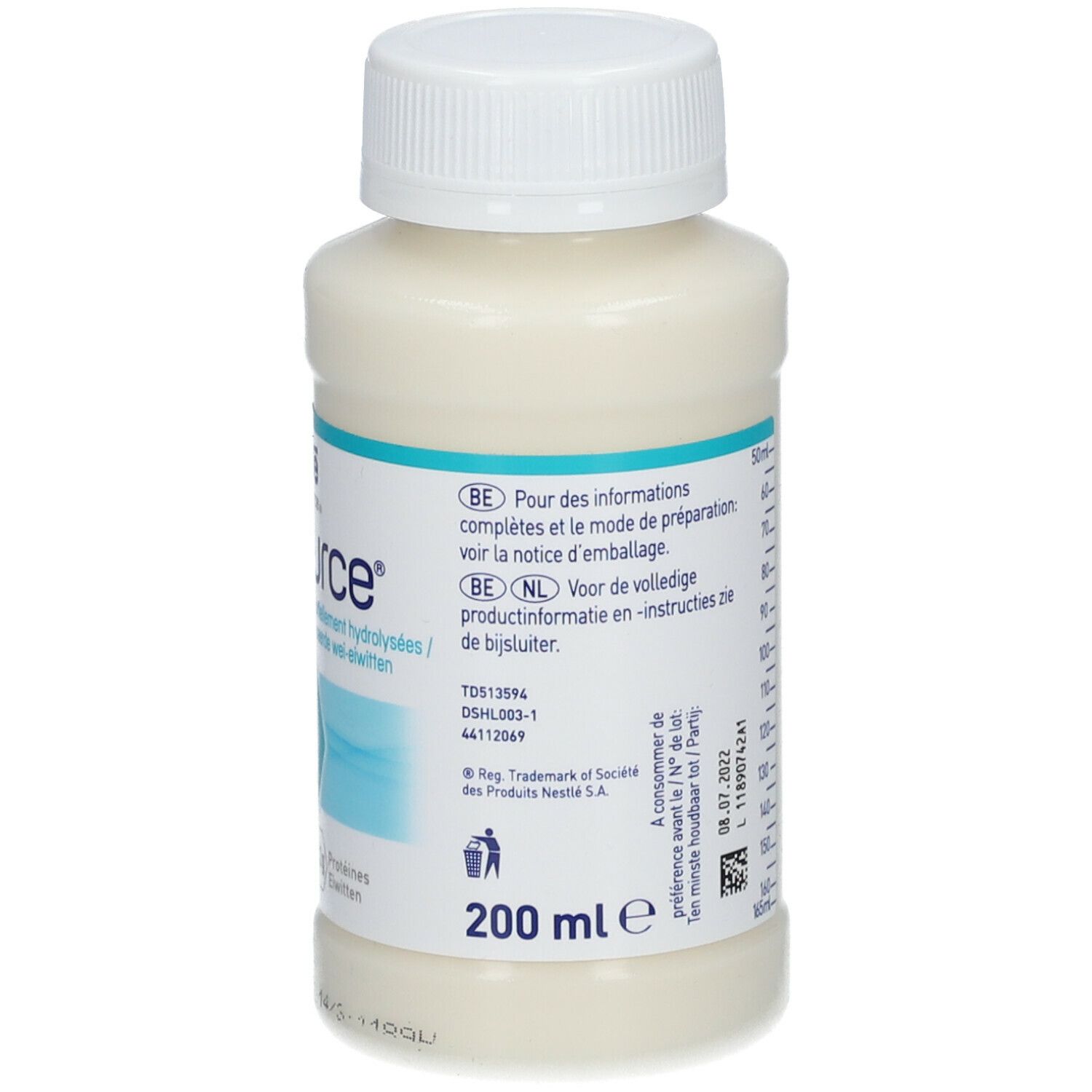 Bouteille Nestlé Infasource avec liquide blanc. Texte: 200 ml. Date de péremption. Logo: Reg. Trademark. Poubelle.