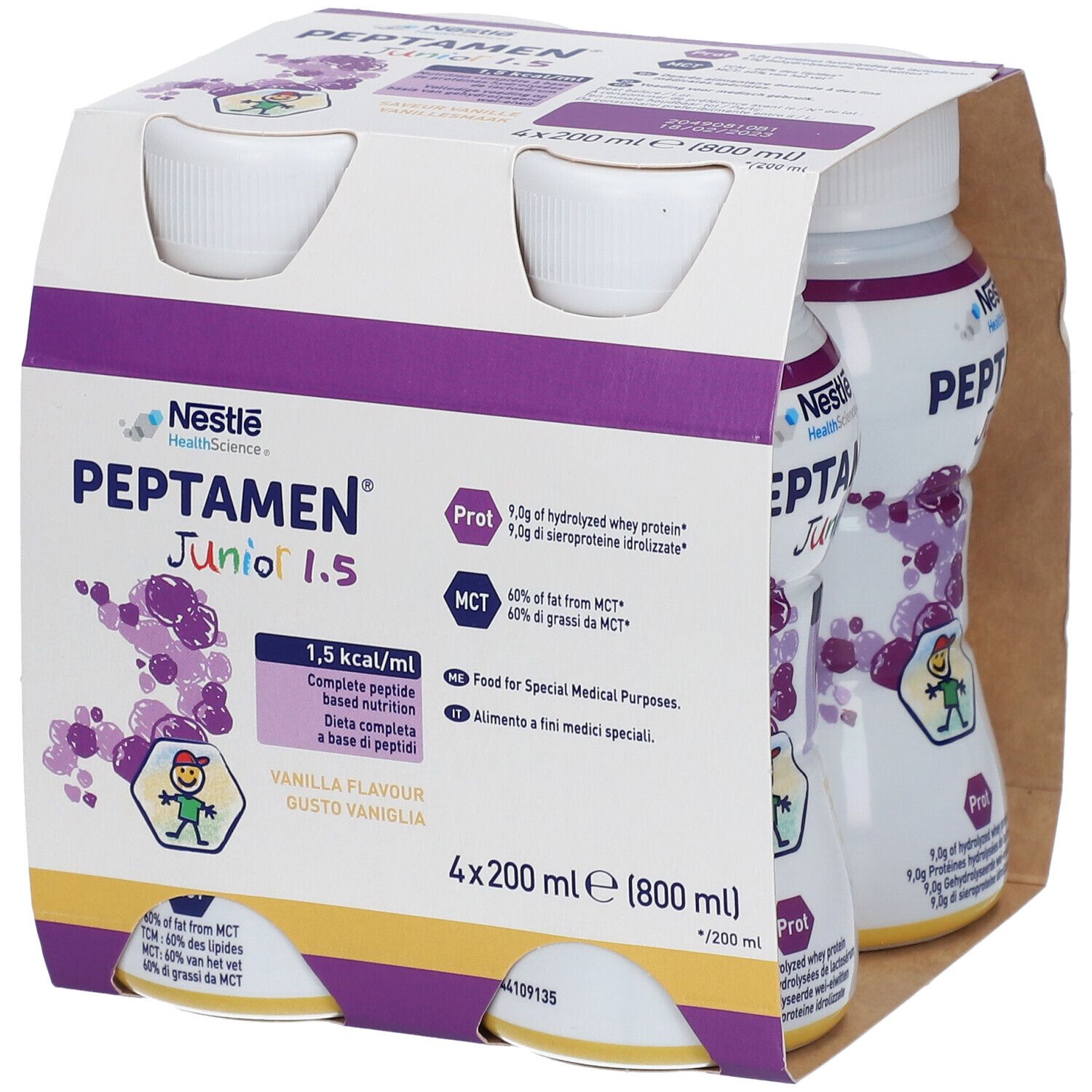 Verpakking met vier flessen Nestlé Peptamen Junior 1.5 Vanille. Opschriften: 1,5 kcal/ml, complete voeding op peptidebasis, 4x200 ml.