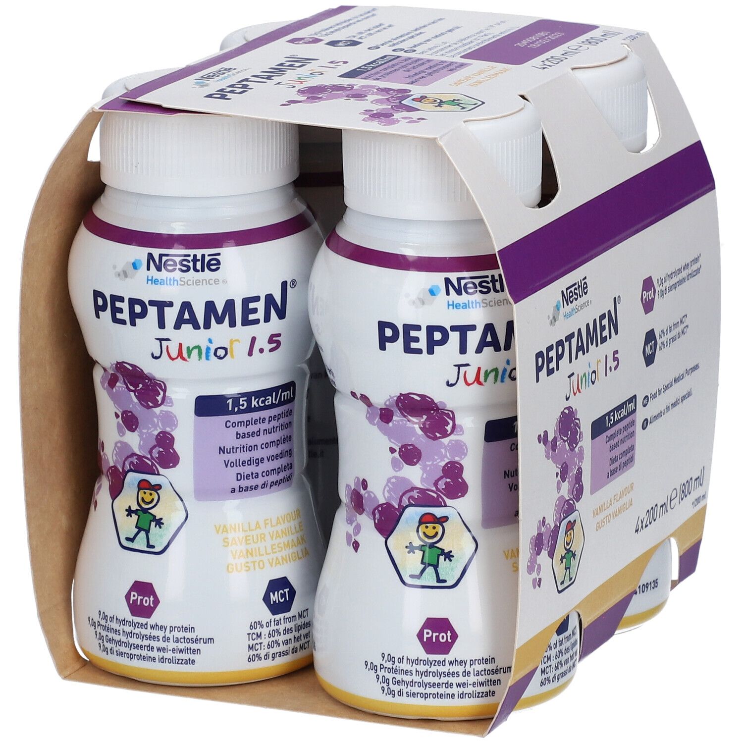 Verpakking met vier flessen Nestlé Peptamen Junior 1.5 Vanille. Twee flessen zichtbaar. Opschriften: 1,5 kcal/ml, complete voeding op peptidebasis.