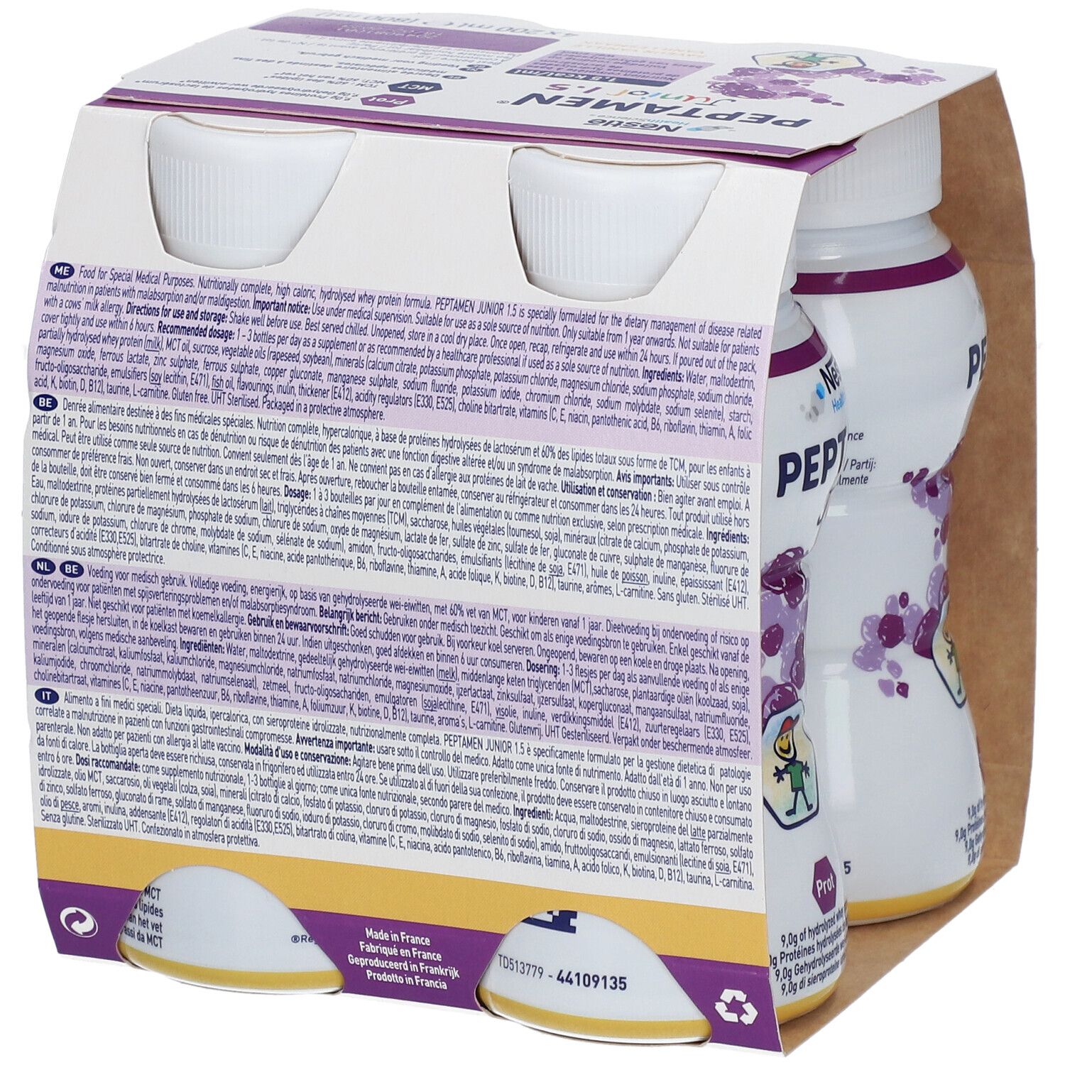 Achterkant van de verpakking Nestlé Peptamen Junior 1.5 Vanille. Meertalige tekst. Bevat informatie over ingrediënten en voedingswaarden.