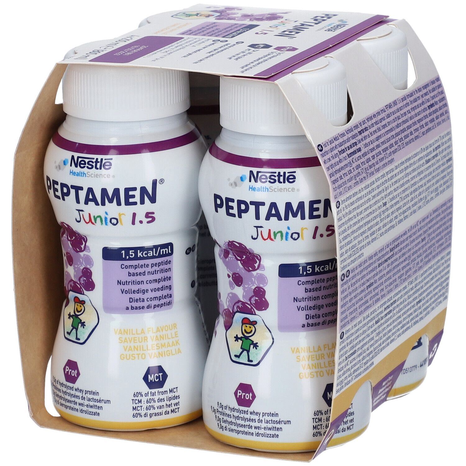 Verpakking met vier flessen Nestlé Peptamen Junior 1.5 Vanille. Twee flessen zichtbaar. Opschriften: 1,5 kcal/ml, complete voeding op peptidebasis.