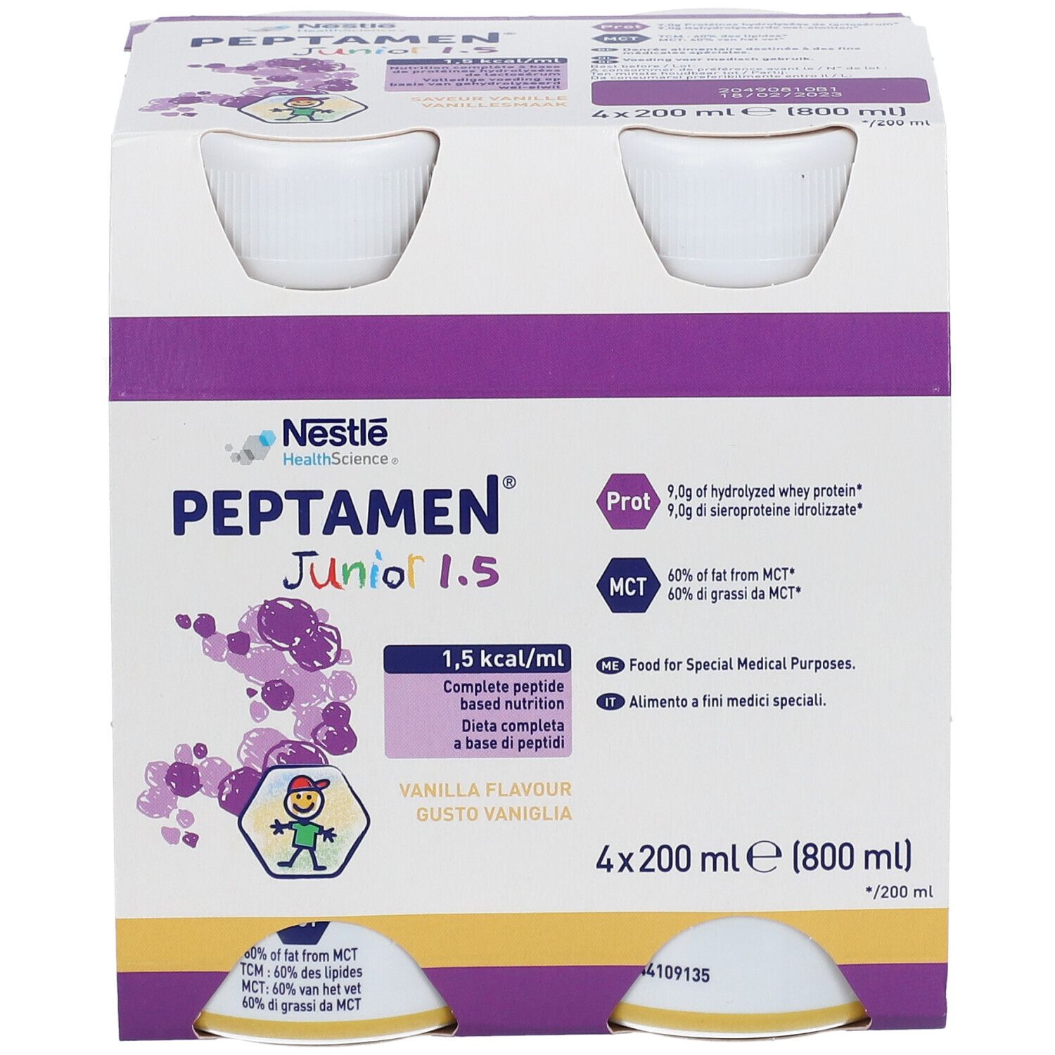 Verpakking met vier flessen Nestlé Peptamen Junior 1.5 Vanille. Opschriften: 1,5 kcal/ml, complete voeding op peptidebasis, 4x200 ml.