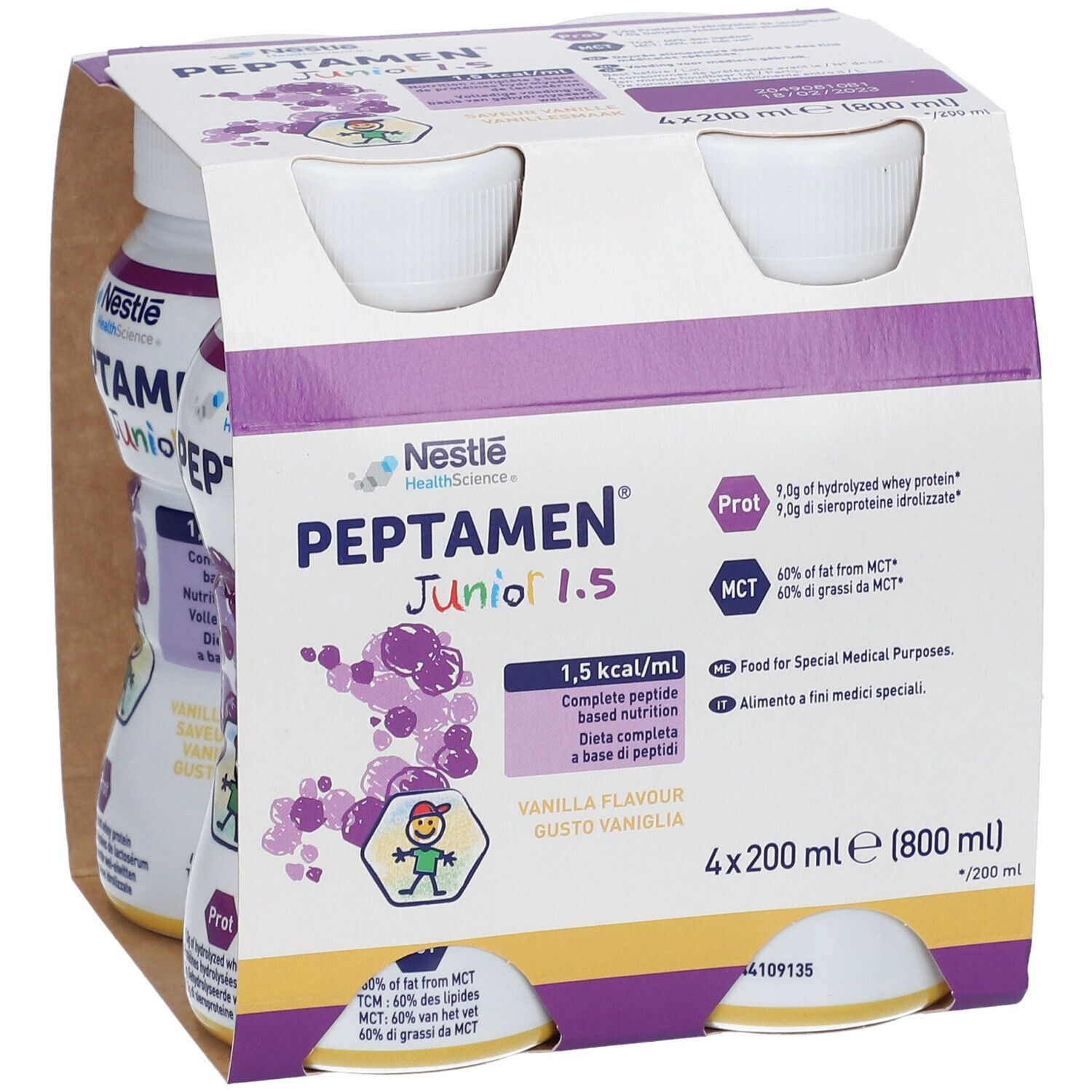 Verpakking met vier flessen Nestlé Peptamen Junior 1.5 Vanille. Twee flessen zichtbaar. Opschriften: 1,5 kcal/ml, complete voeding op peptidebasis, 4x200 ml.