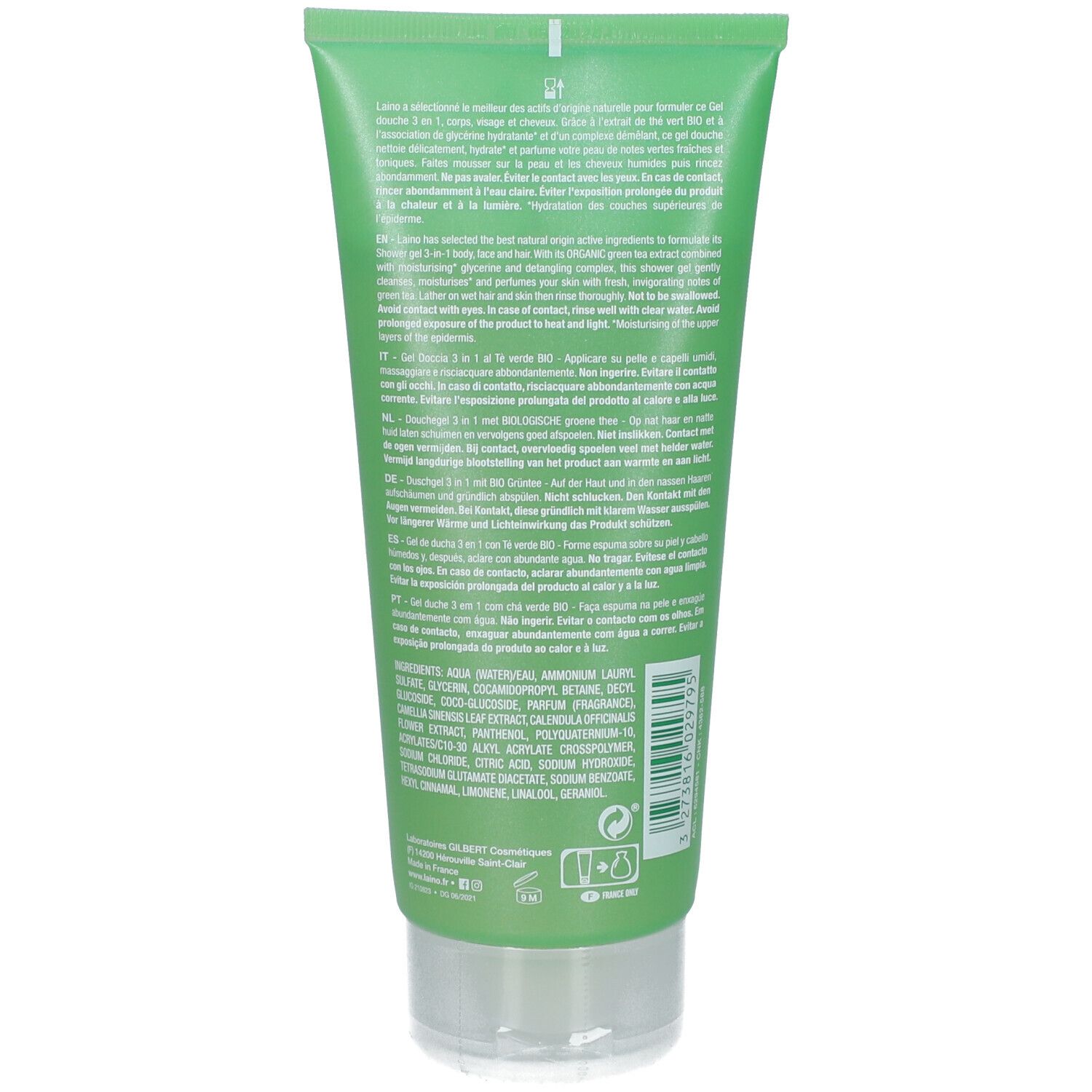 Rückseite einer grünen Tube. Text in mehreren Sprachen: Produktbeschreibung, Inhaltsstoffe, Herstellerinformationen und Recycling-Symbole.