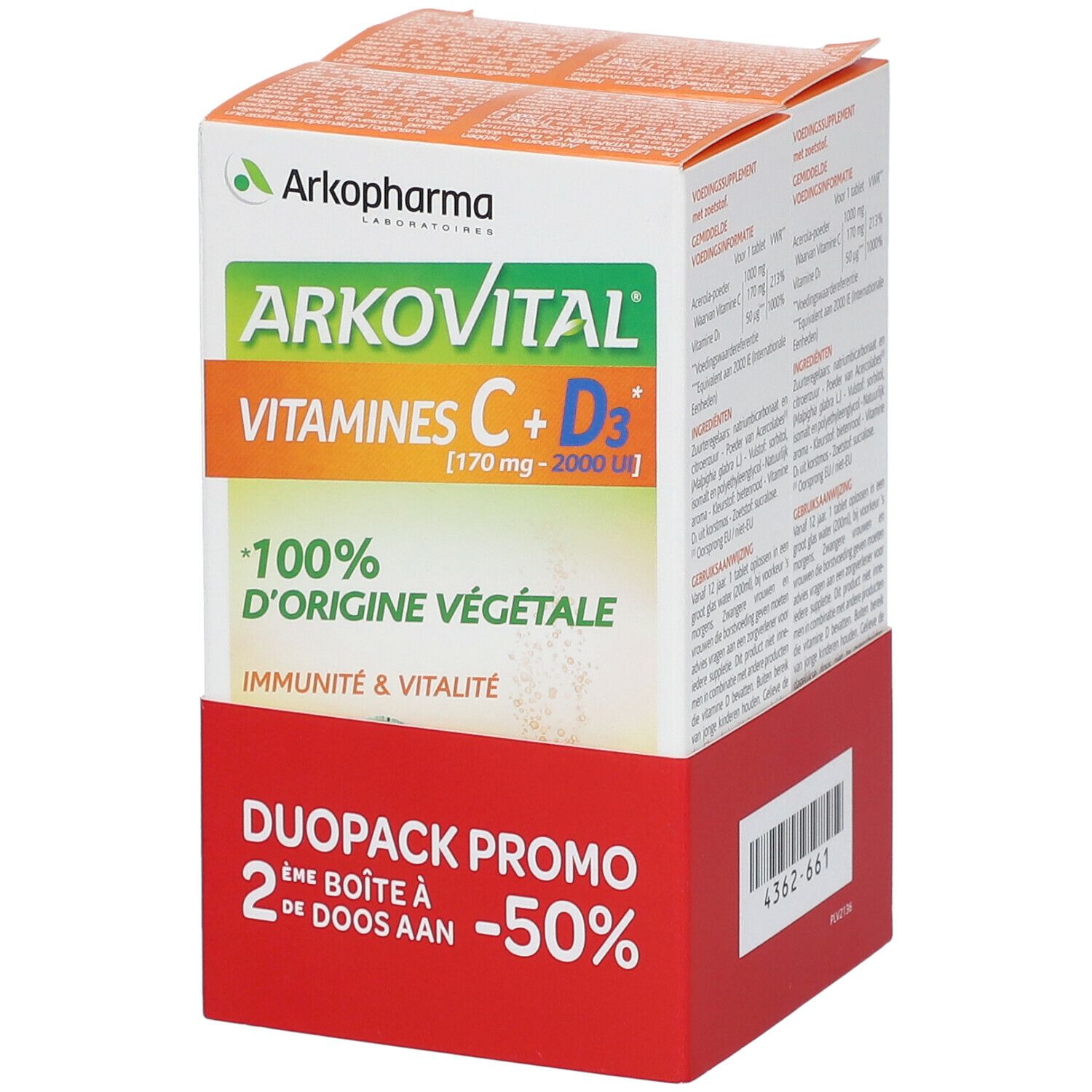 Verpakking Arkovital Vitamines C+D3. Duo-pack met 50% korting. 100% plantaardige ingrediënten.