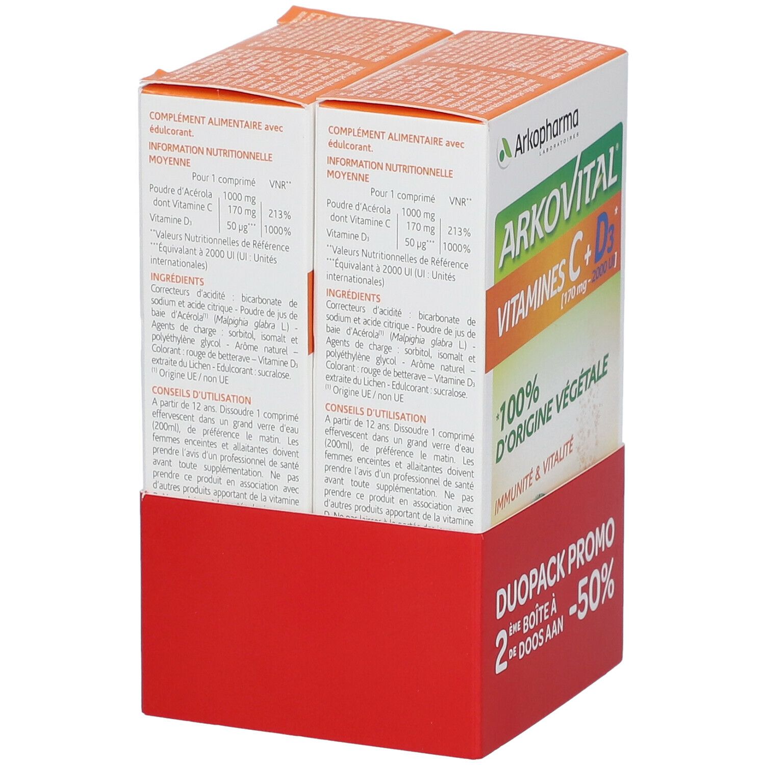 Arkovital Vitamines C+D3 Duo-pack. Bevat twee dozen. Gedrukte voedingsinformatie en ingrediënten.