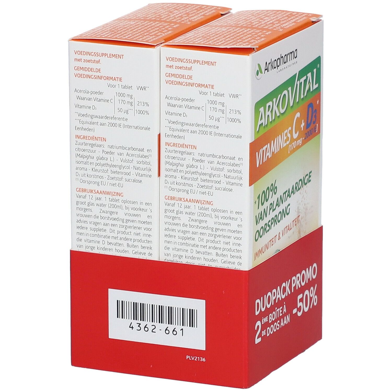 Arkovital Vitamines C+D3 Duo-pack. Achterkant met voedingsinformatie en ingrediënten. Twee dozen.