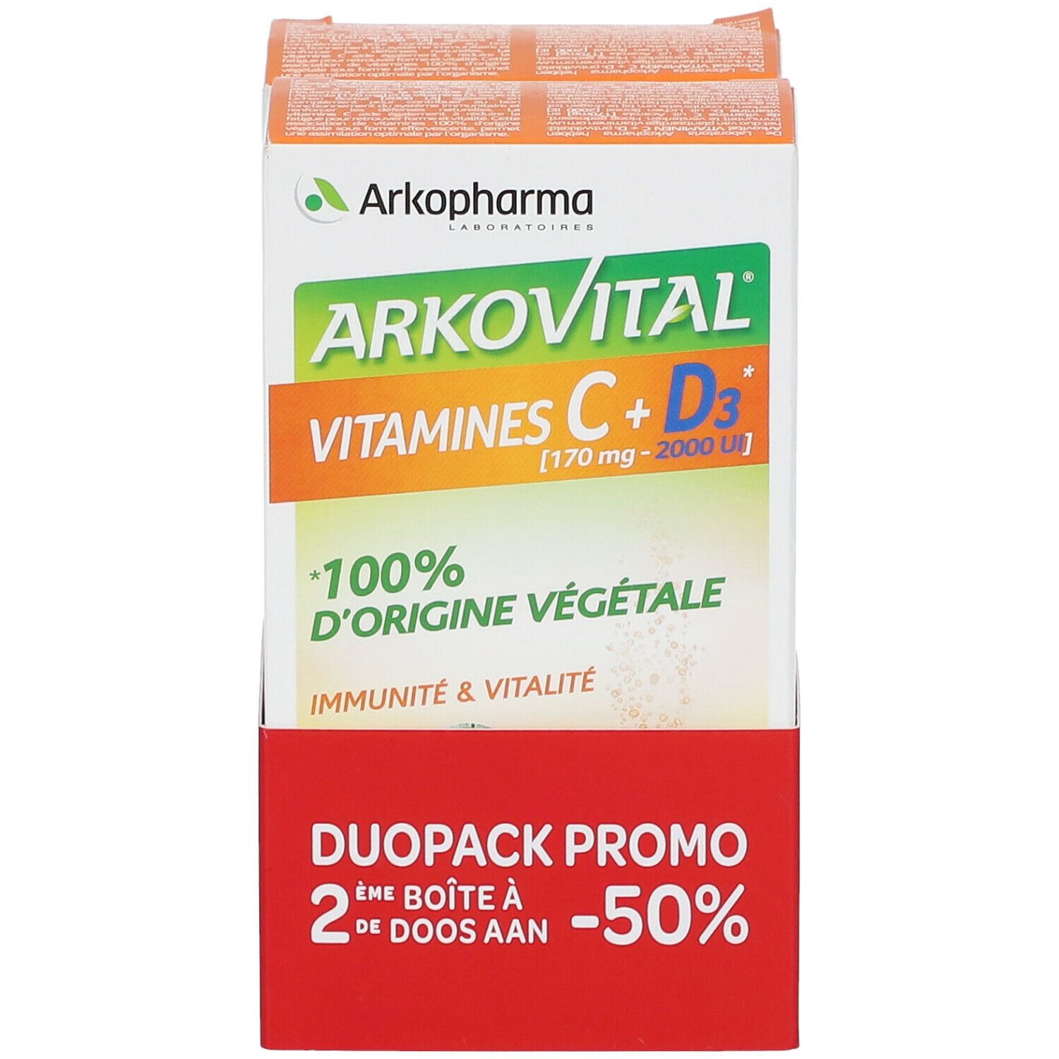 Arkovital Vitamines C+D3 Duo-pack. Twee dozen met 50% korting. 100% plantaardige ingrediënten.