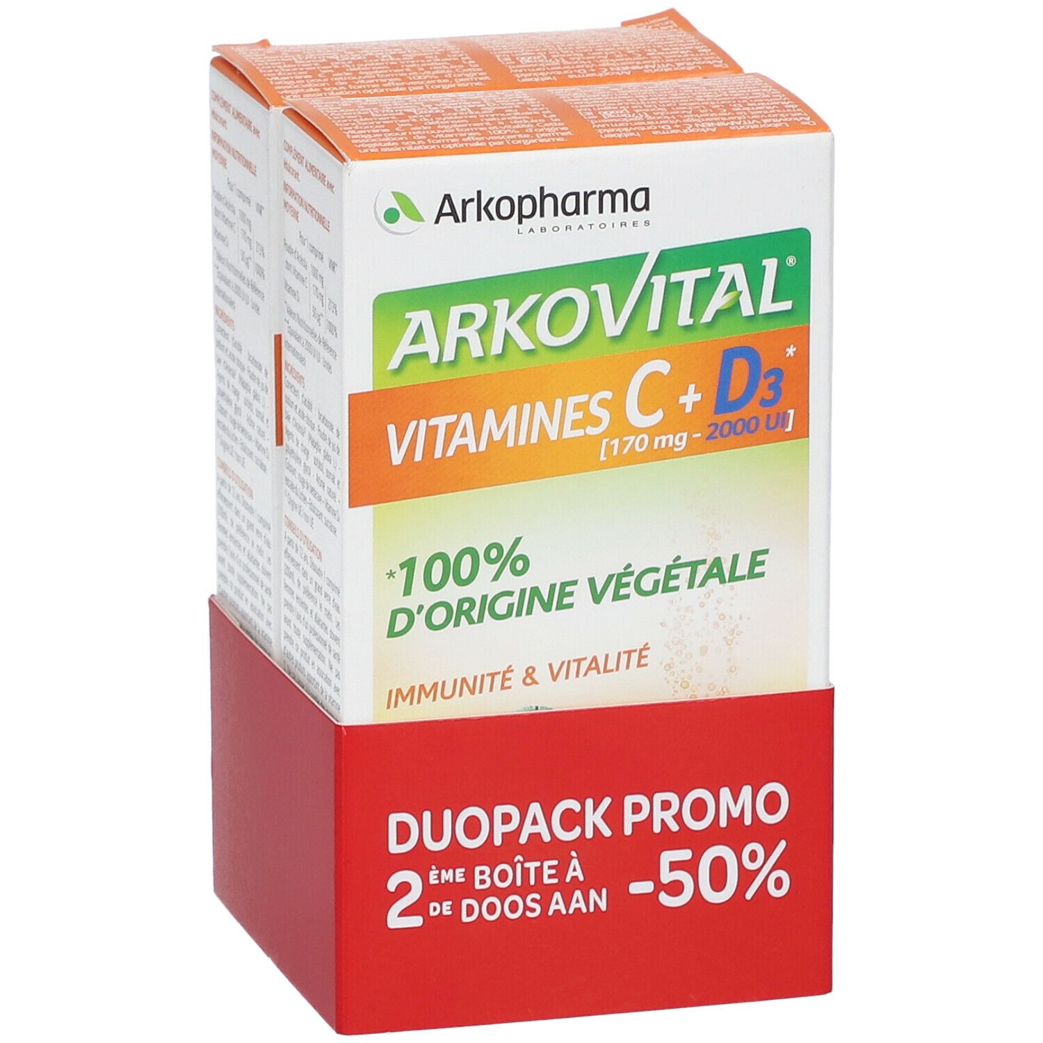 Arkovital Vitamines C+D3 Duo-pack. Twee dozen met 50% korting. 100% plantaardige ingrediënten.