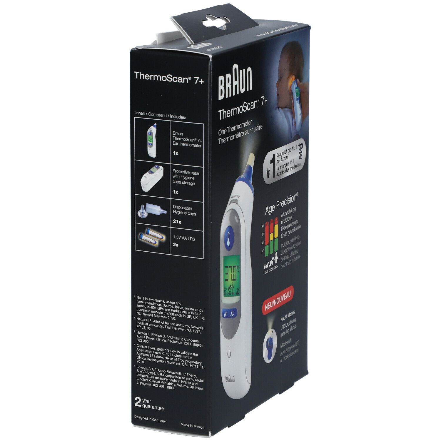 Verpakking van BRAUN ThermoScan 7+ met accessoires. Inclusief oorthermometer, beschermkap, wegwerp hygiënekappen en batterijen.