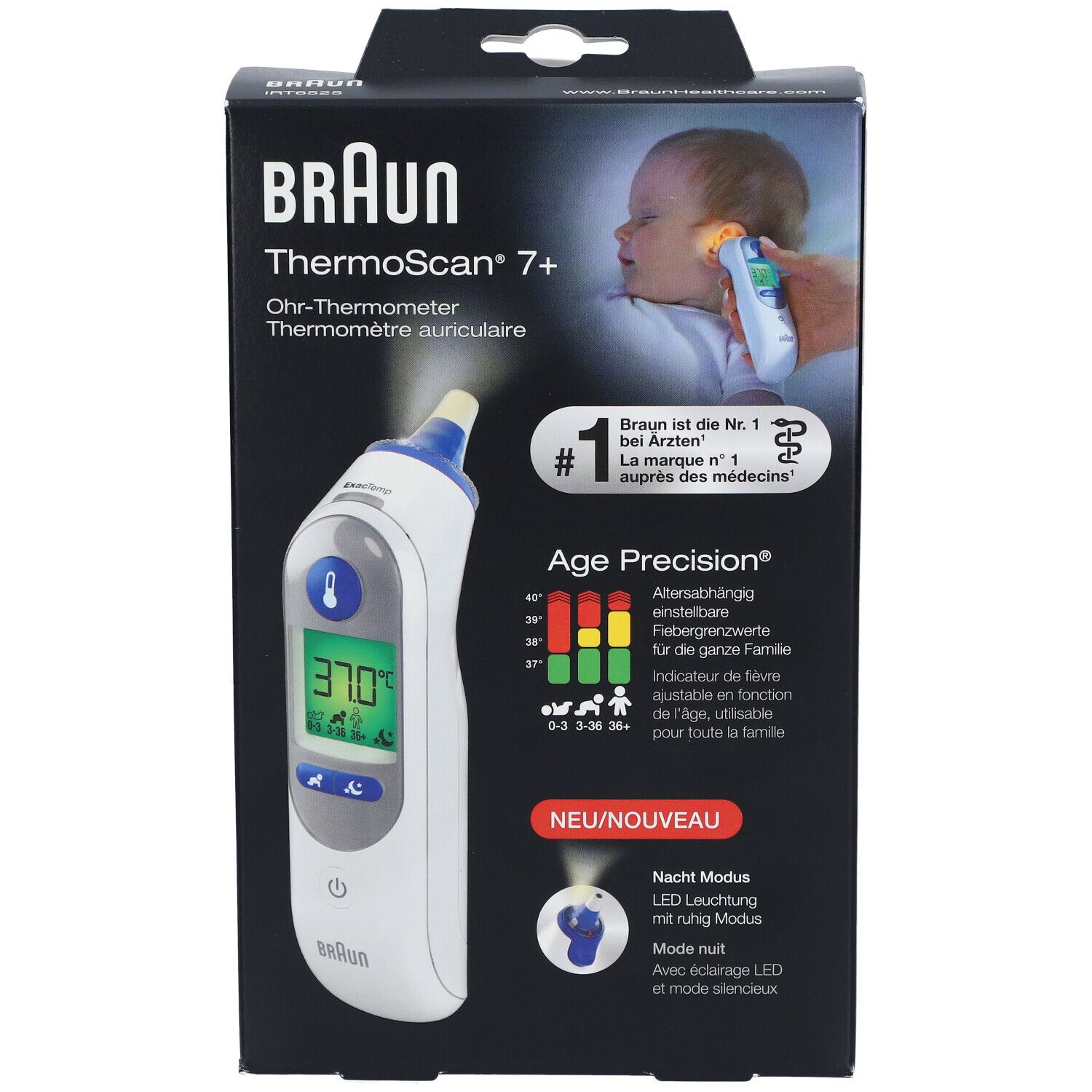 Verpakking van BRAUN ThermoScan 7+ oorthermometer. Digitale temperatuurweergave. Illustratie van een baby op de verpakking.