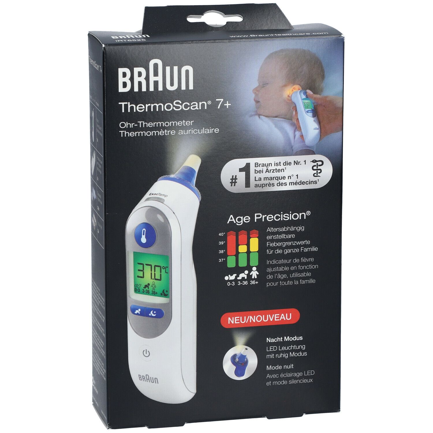 Verpakking van BRAUN ThermoScan 7+ oorthermometer. Digitale temperatuurweergave. Illustratie van een baby op de verpakking.