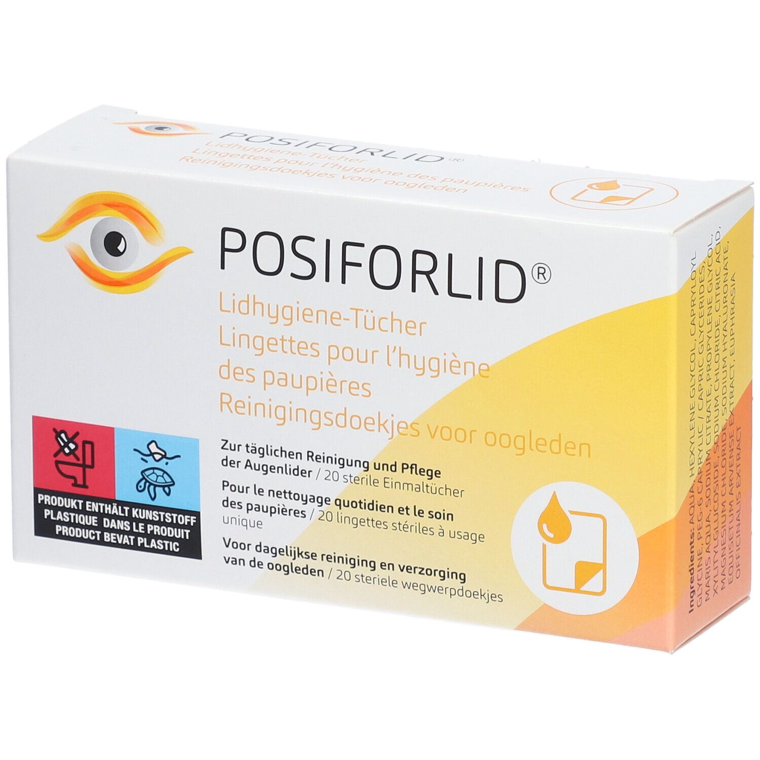 Boîte Posiforlid®. Contient 20 lingettes stériles pour les paupières. Design jaune et blanc avec logo du produit.