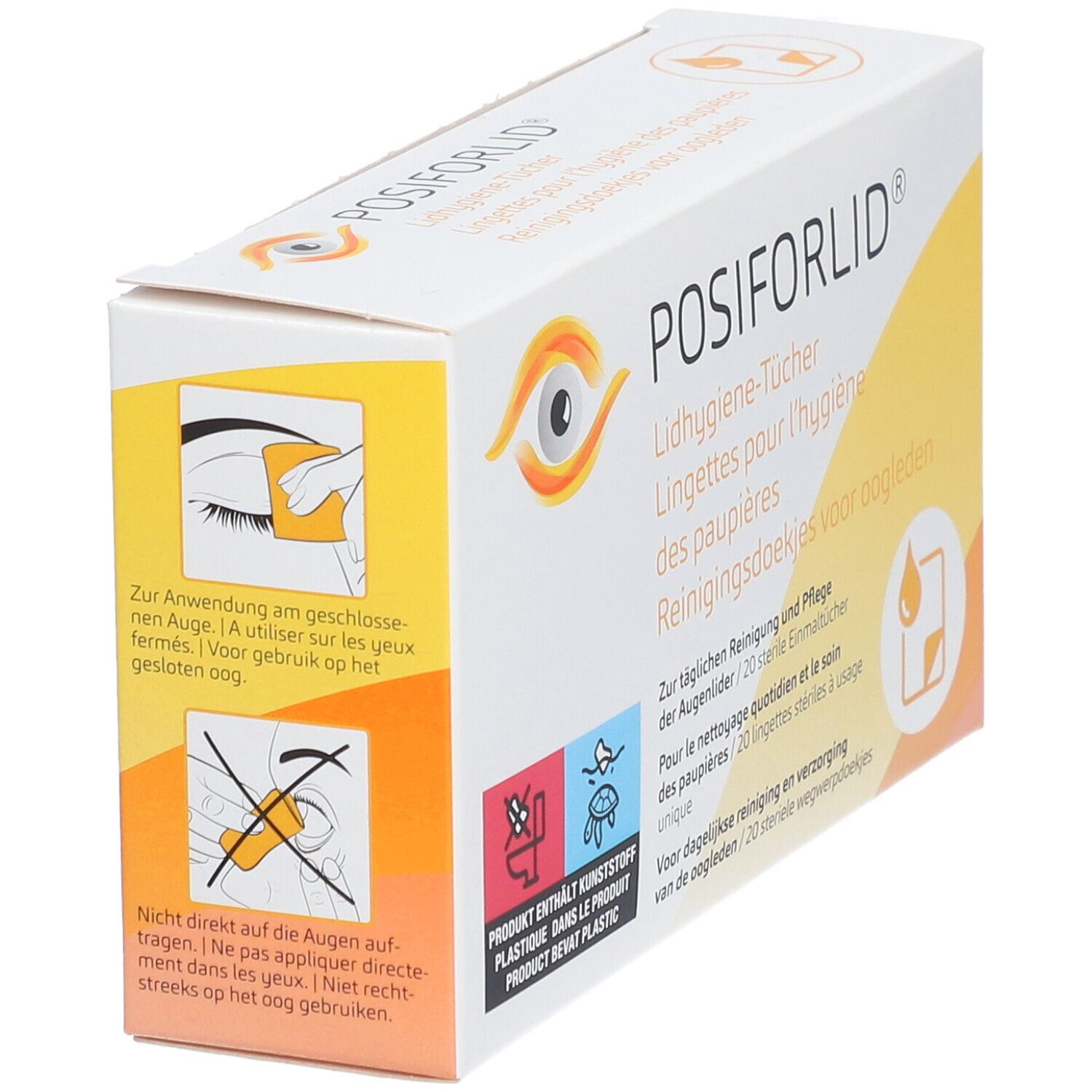 Boîte Posiforlid®. Instructions d'utilisation. Design jaune et blanc avec logo et pictogrammes du produit.