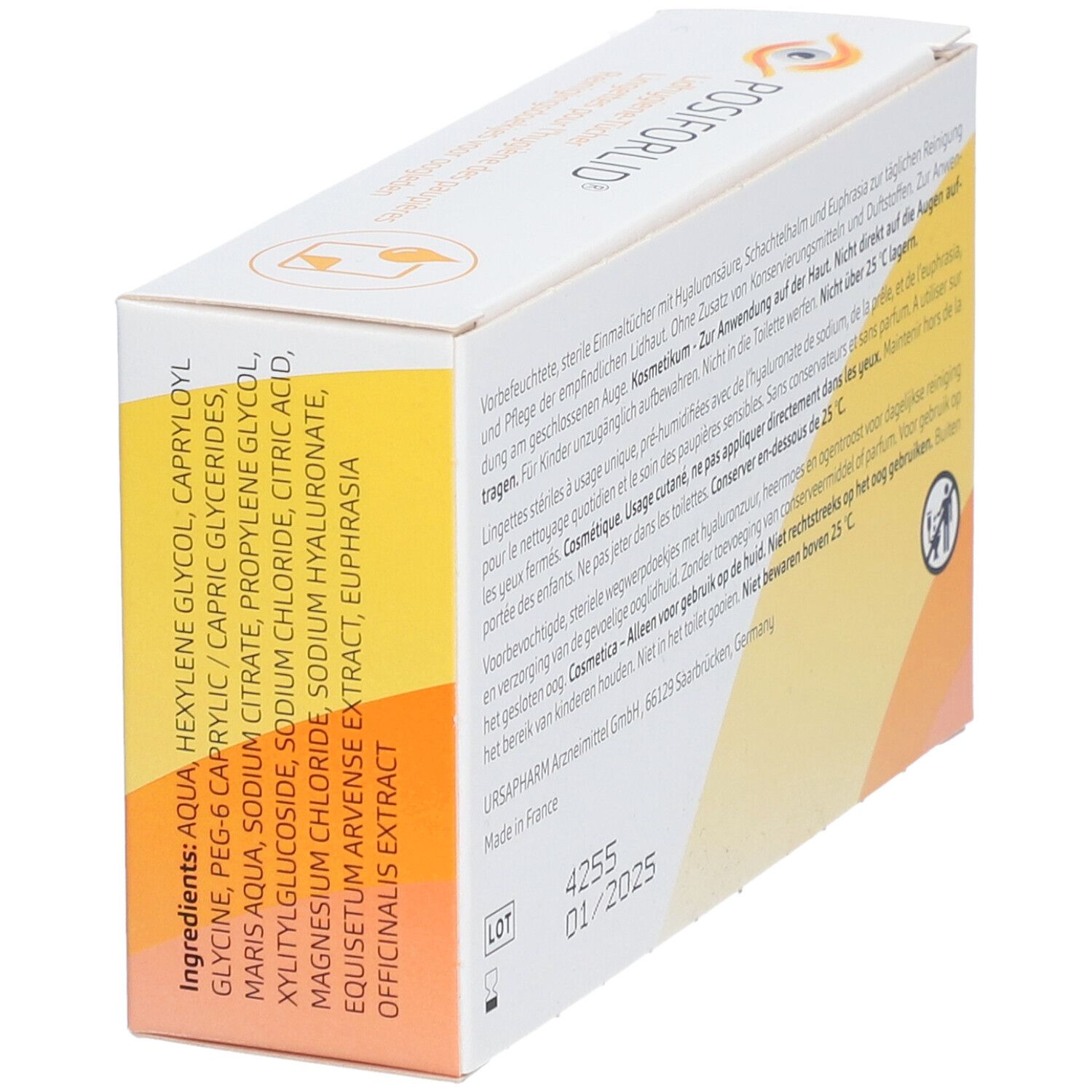Côté de la boîte Posiforlid®. Contient les ingrédients. Design jaune et blanc avec logo et texte du produit.