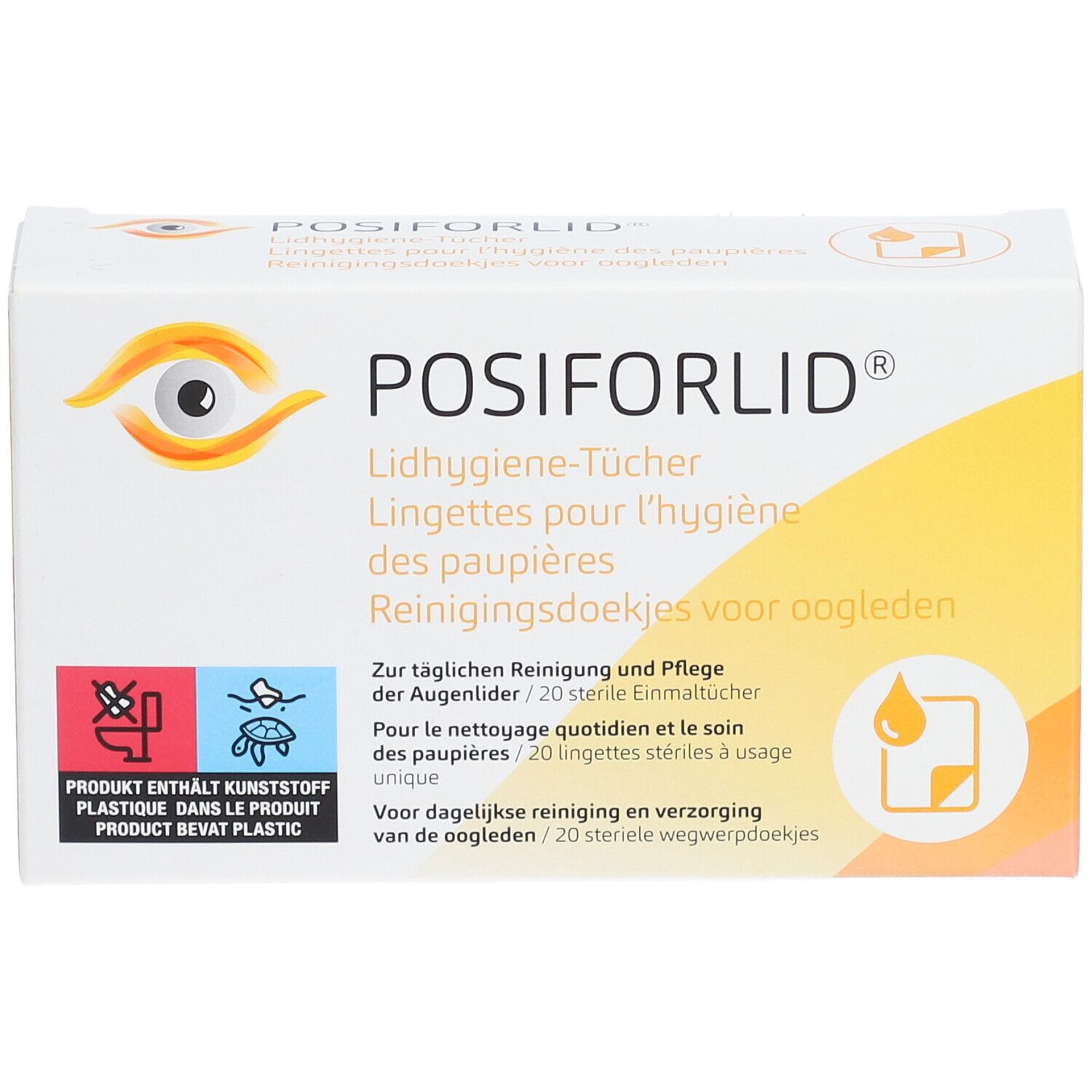 Boîte Posiforlid®. Contient 20 lingettes stériles pour les paupières. Design jaune et blanc avec logo du produit.