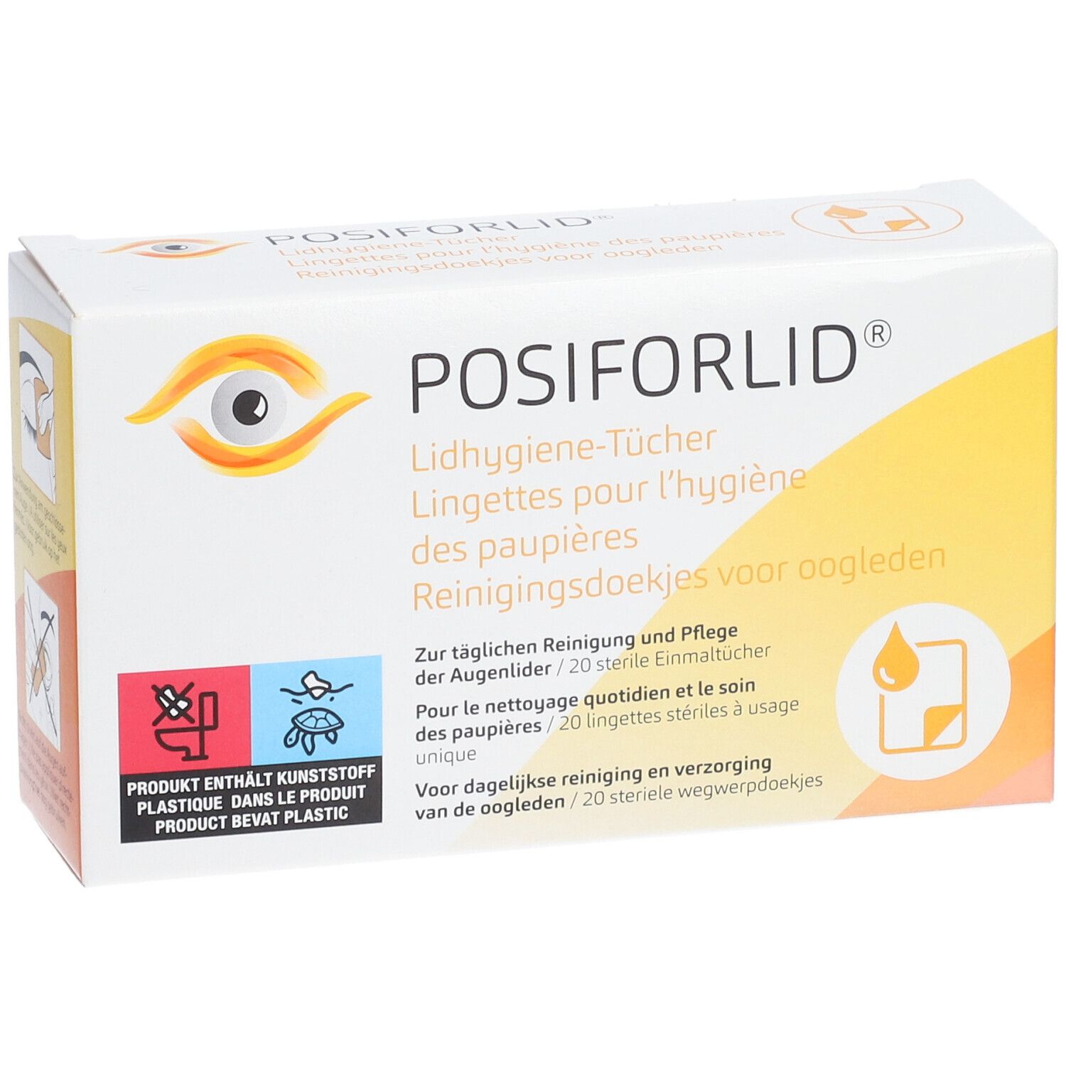 Boîte Posiforlid®. Contient 20 lingettes stériles pour les paupières. Design jaune et blanc avec logo du produit.