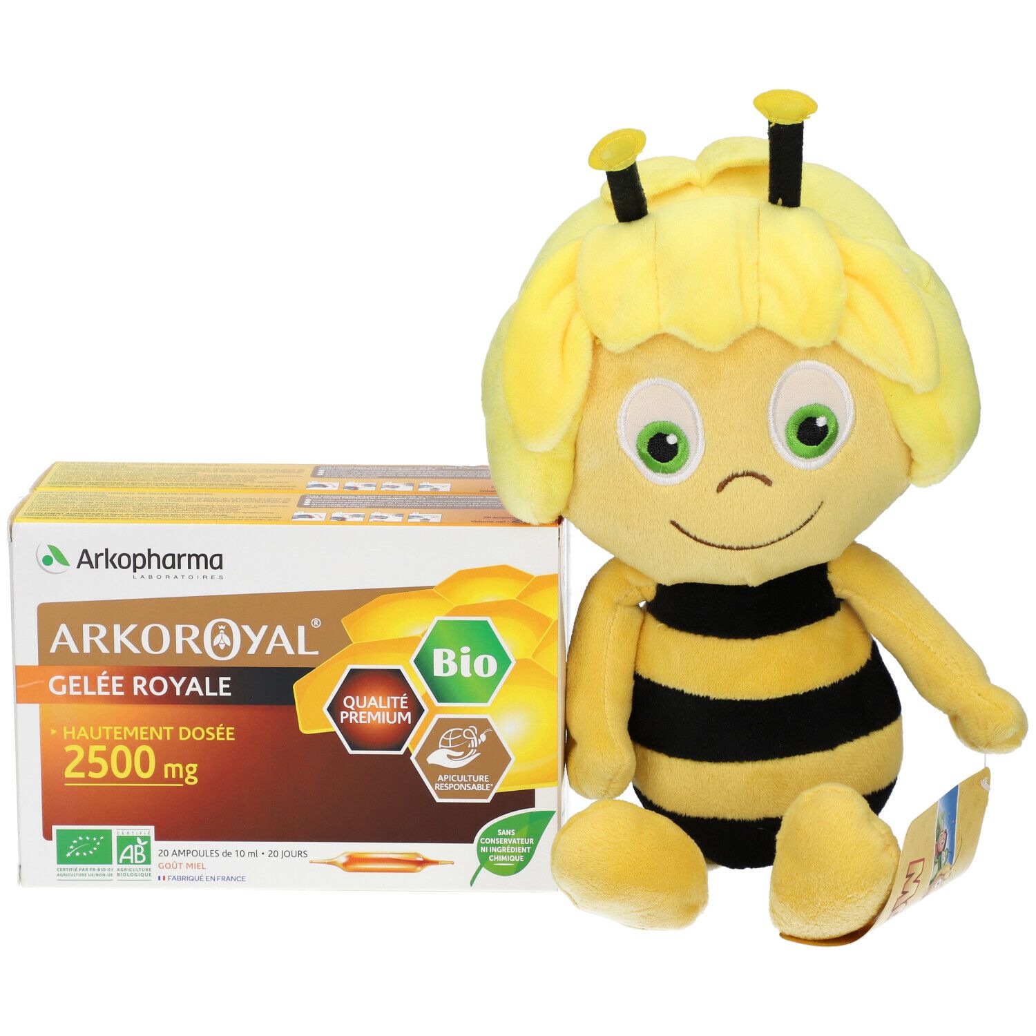 Doos met productlabel en pluche figuur. Op de doos staat "ARKOROYAL GELÉE ROYALE". Bio-label.