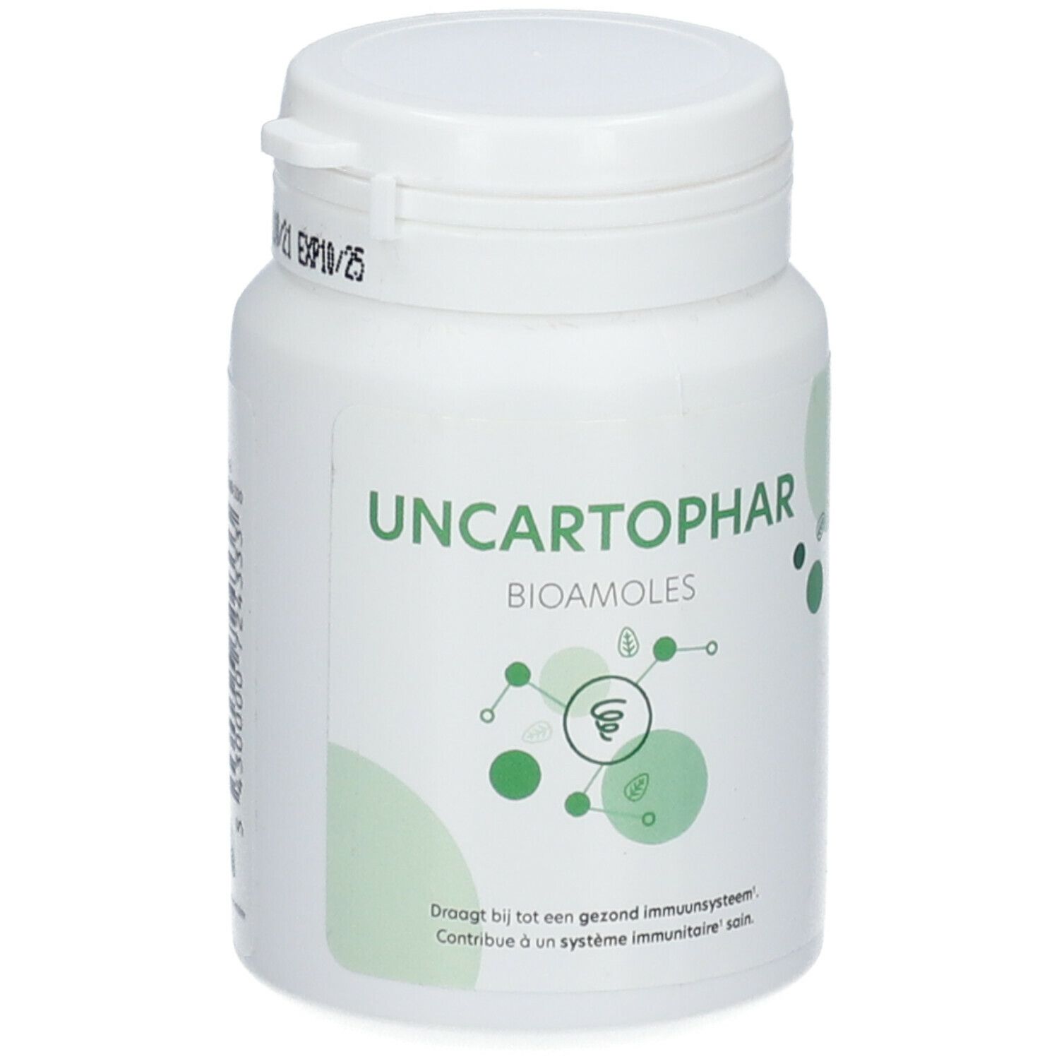 Witte tablettenfles met groen etiket. Opschrift: UNCARTOPHAR BIOAMOLES. Met schroefdop. Houdbaarheidsdatum.